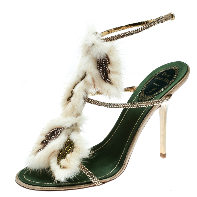 Pre Owned René Caovilla Beige Fur And Crystal Embellished Strappy Sandals Size 38