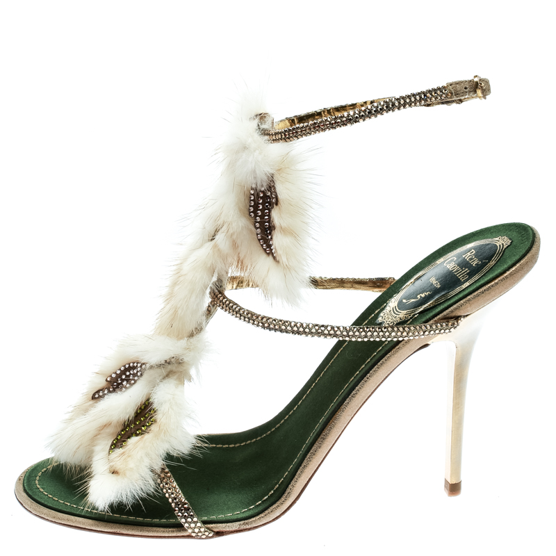 

René Caovilla Beige Fur And Crystal Embellished Strappy Sandals Size