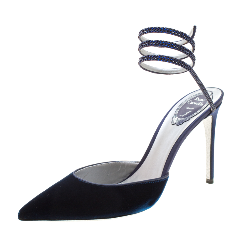 René Caovilla Blue Velvet Crystal Embellished Ankle Wrap Sandals Size 40