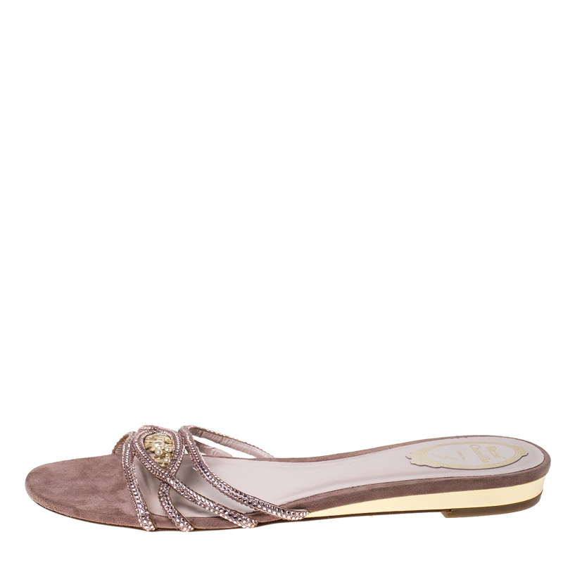 

René Caovilla Pink Embellished Satin Flat Slides Size