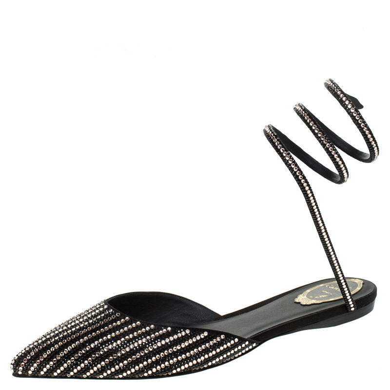 Pre Owned René Caovilla Black Satin Embellished Ankle Wrap Flats Size 42