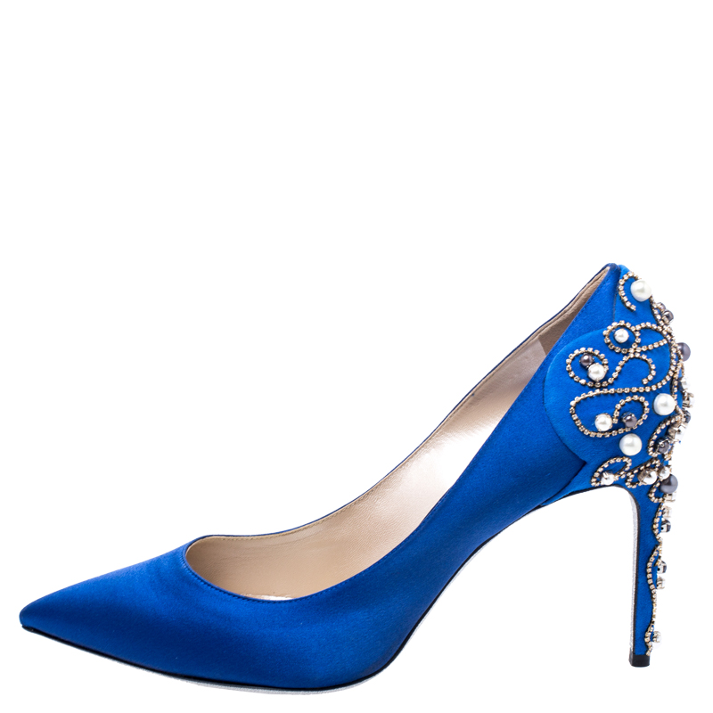 

Rene Caovilla Blue Satin Crystal Faux Pearl Embellished Pointed Toe Pumps Size