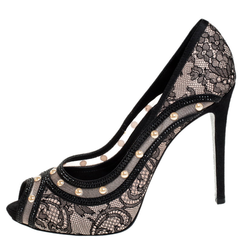 

René Caovilla Black/Beige Lace, Satin and Mesh Crystal And Pearl Embellished Strass Pumps Size