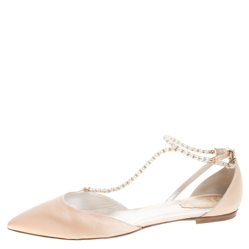 

Renè Caovilla Beige Satin Faux Pearl Ankle Wrap Pointed Toe Flats Size