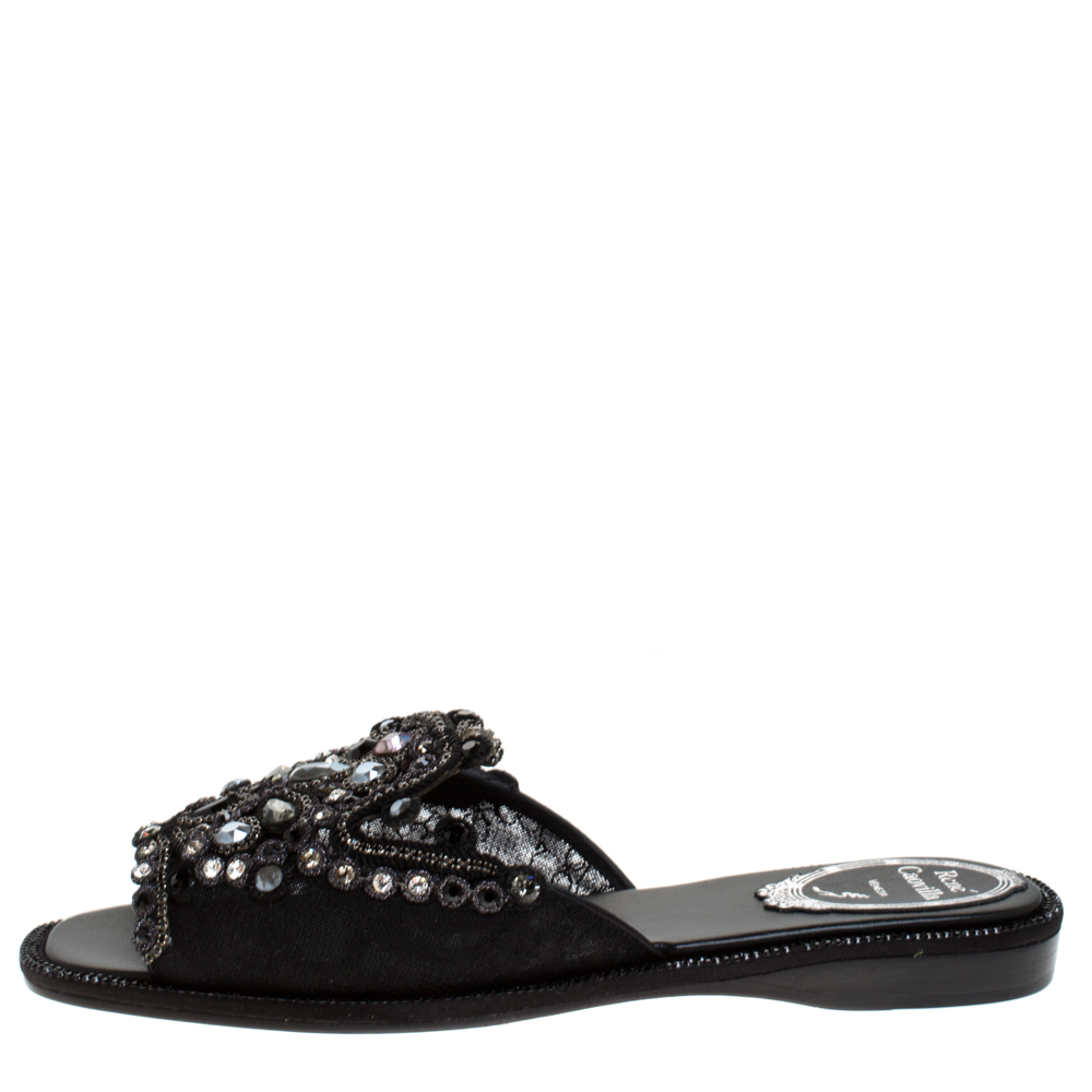 

René Caovilla Black Lace Crystal Embellished Flat Slides Size