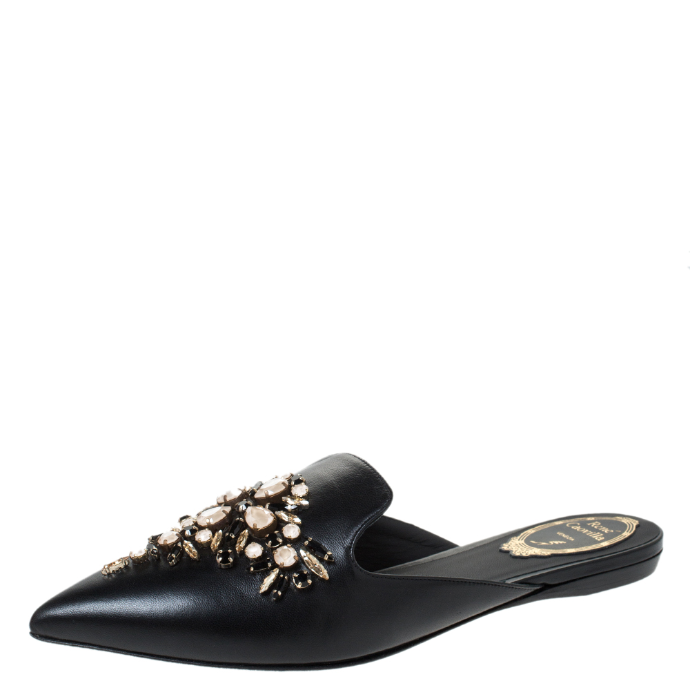 Rene Caovilla Black Leather Crystal Embellished Pointed Toe Flat Slide ...
