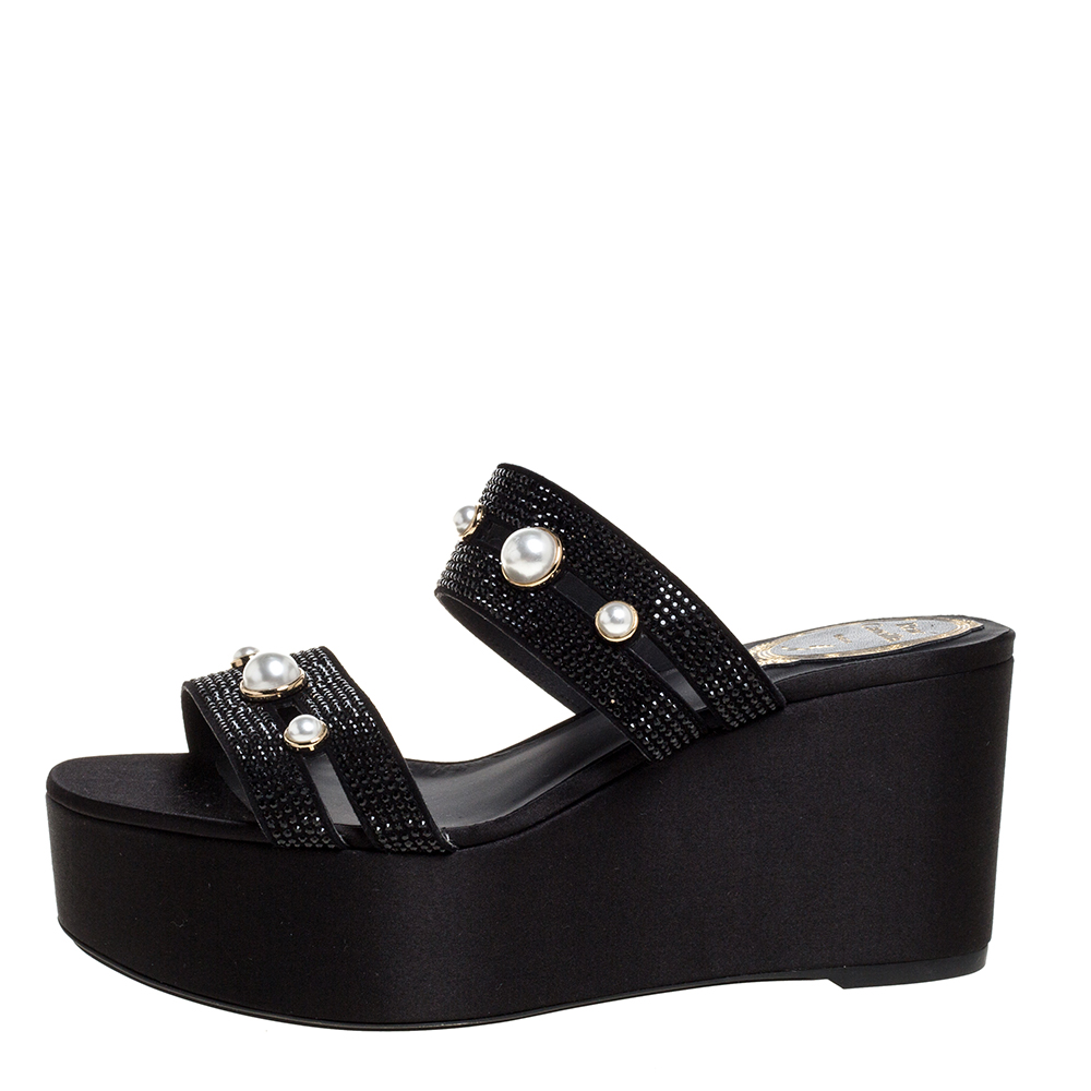 

Ren÷ Caovilla Black Crystal Embellished Suede Leather Lucia Wedge Platform Sandals Size