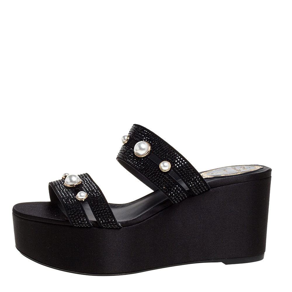 

René Caovilla Black Crystal Embellished Suede Leather Lucia Wedge Platform Sandals Size