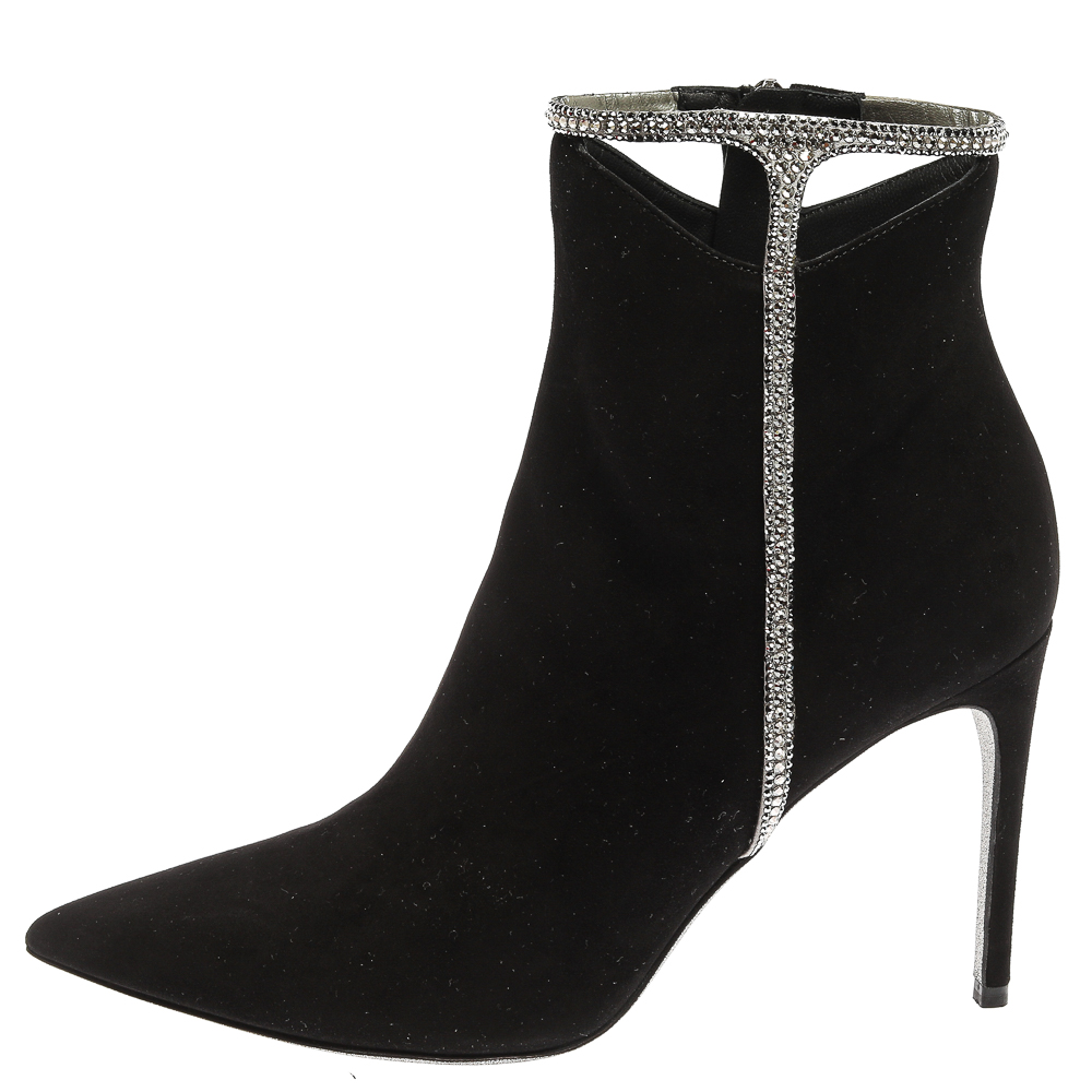 

Rene Caovilla Black Cut Out Suede Crystal Embellished Ankle Boots Size