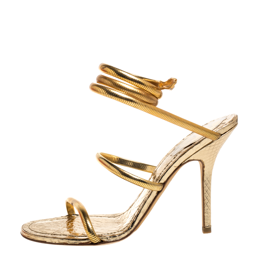 

Rene Caovilla Gold Metal and Python Embossed Leather Cleo Sandals Size