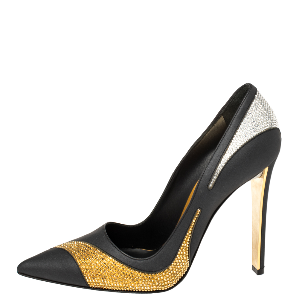 

René Caovilla Black Satin And Leather Crystal Embellished Pumps Size