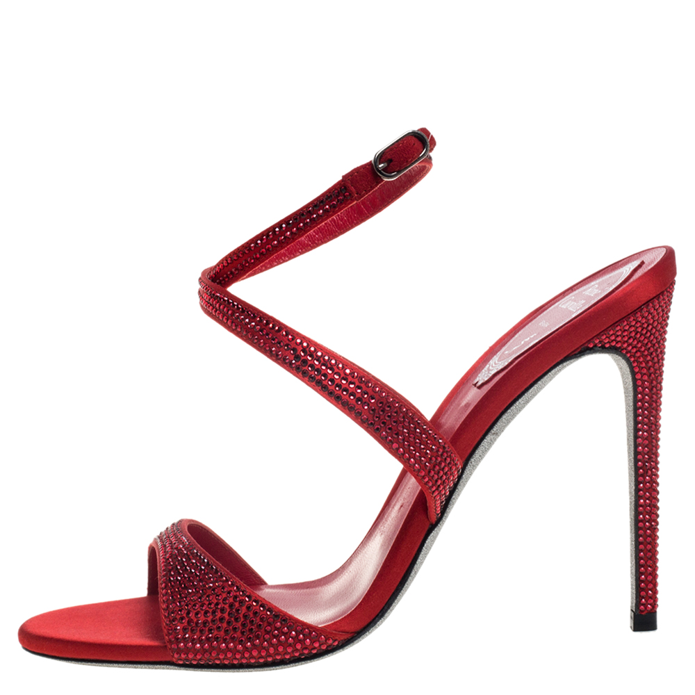 

Rene Caovilla Red Satin Scarlet Strass Krisabrita Ankle Strap Sandals Size