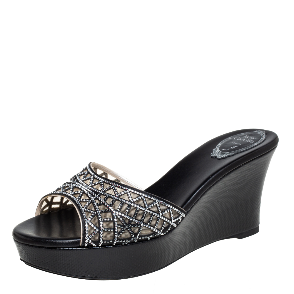 RENÉ CAOVILLA RENE CAOVILLA BLACK SATIN CRYSTAL EMBELLISHED WEDGE SLIDE SANDALS SIZE 40