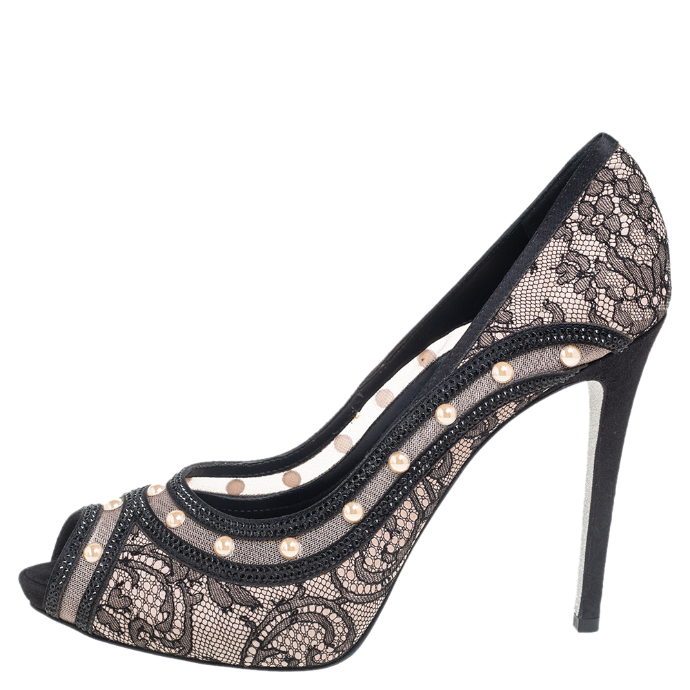 

René Caovilla Black Lace Pear Strass Peep Toe Pumps Size