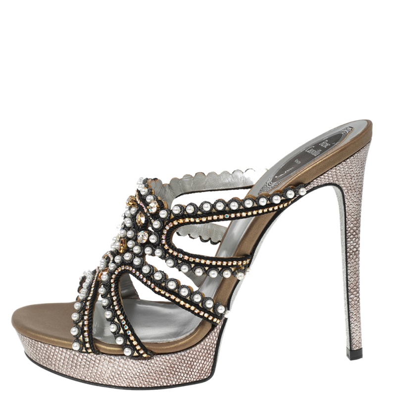 

René Caovilla Tri Color Embellished Leather Platform Slide Sandals Size, Brown
