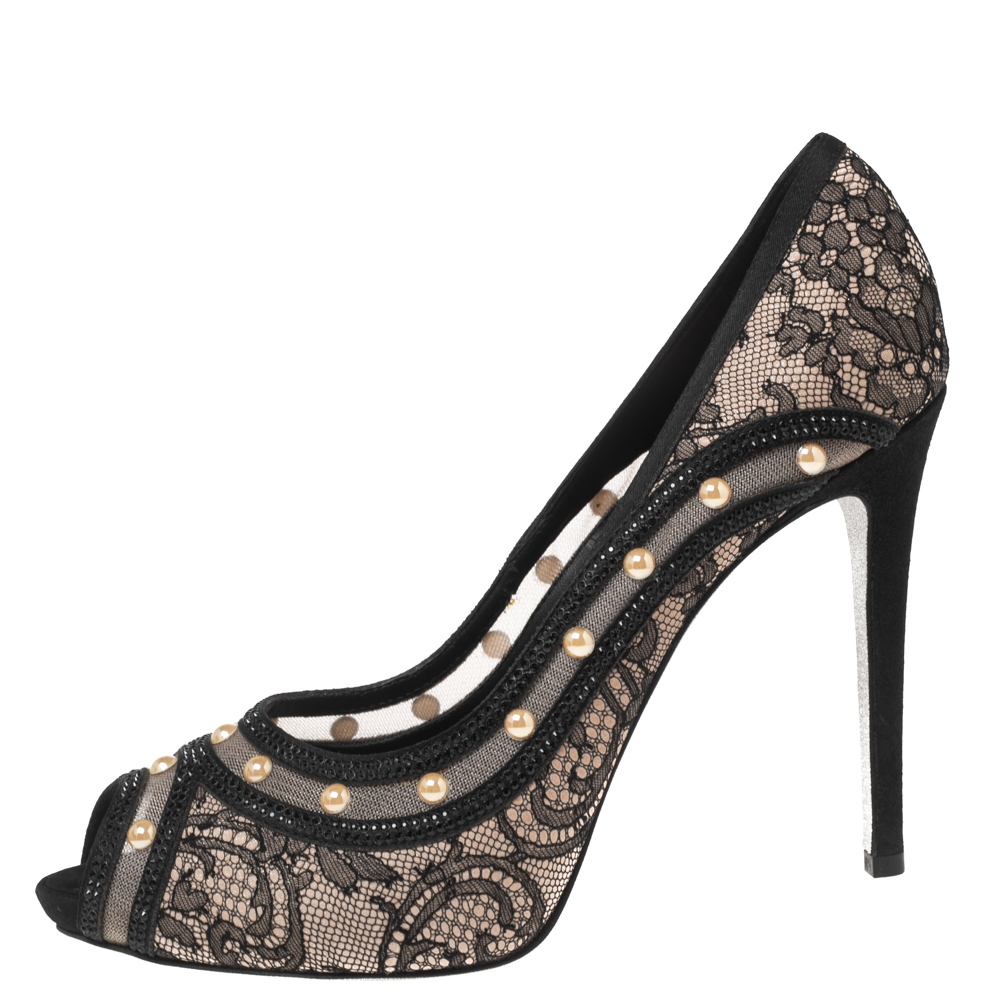 

René Caovilla Black/Beige Lace, Satin and Mesh Crystal and Pearl Embellished Peep-Toe Pumps Size