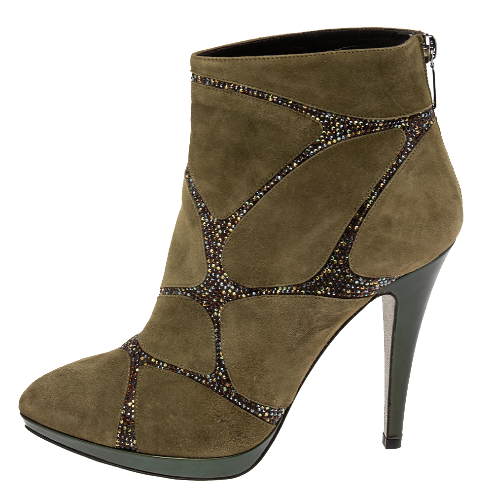 

René Caovilla Olive Green Suede Crystal Embellished Ankle Boots Size