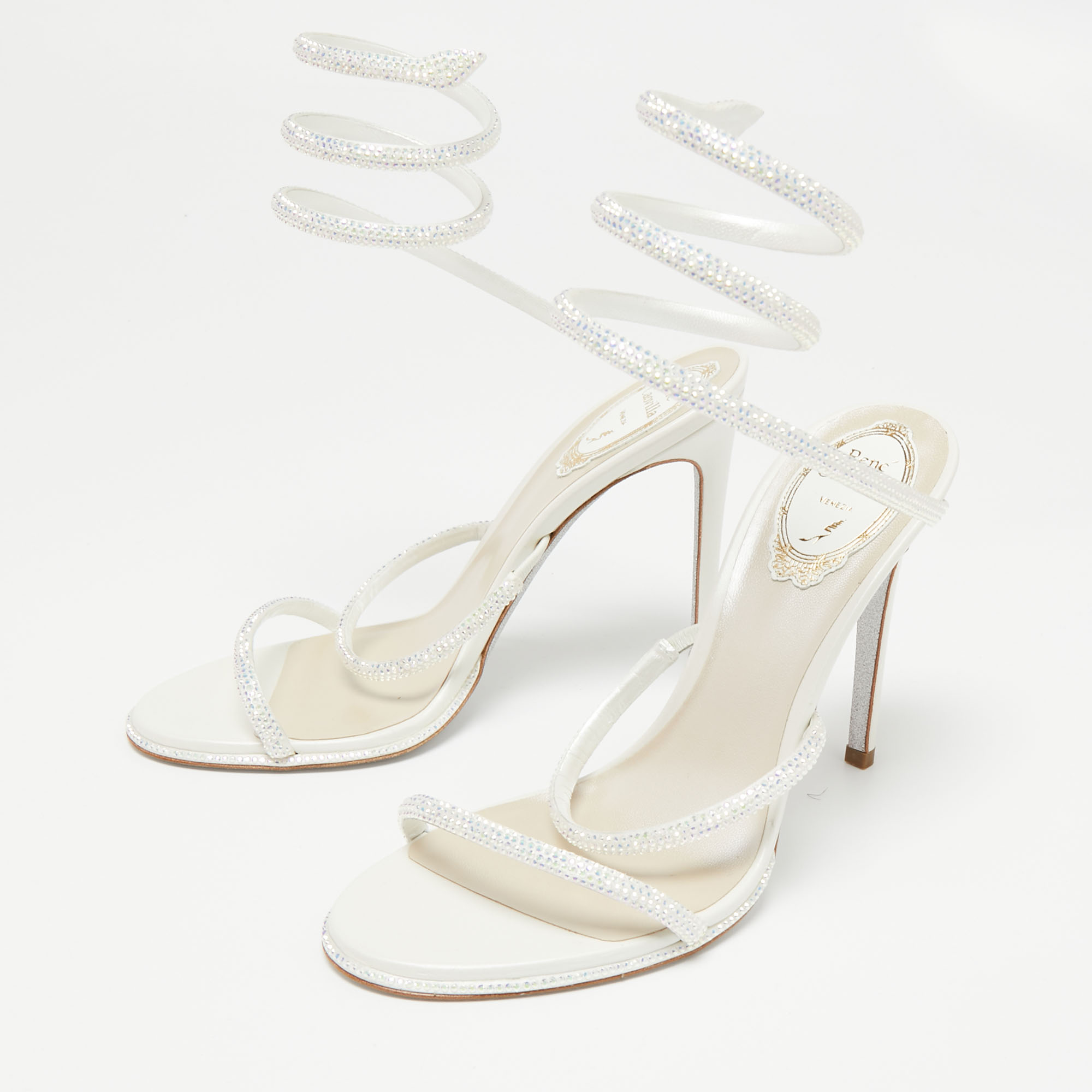 

Rene Caovilla White Leather Crystal Embellished Cleo Ankle Wrap Sandals Size