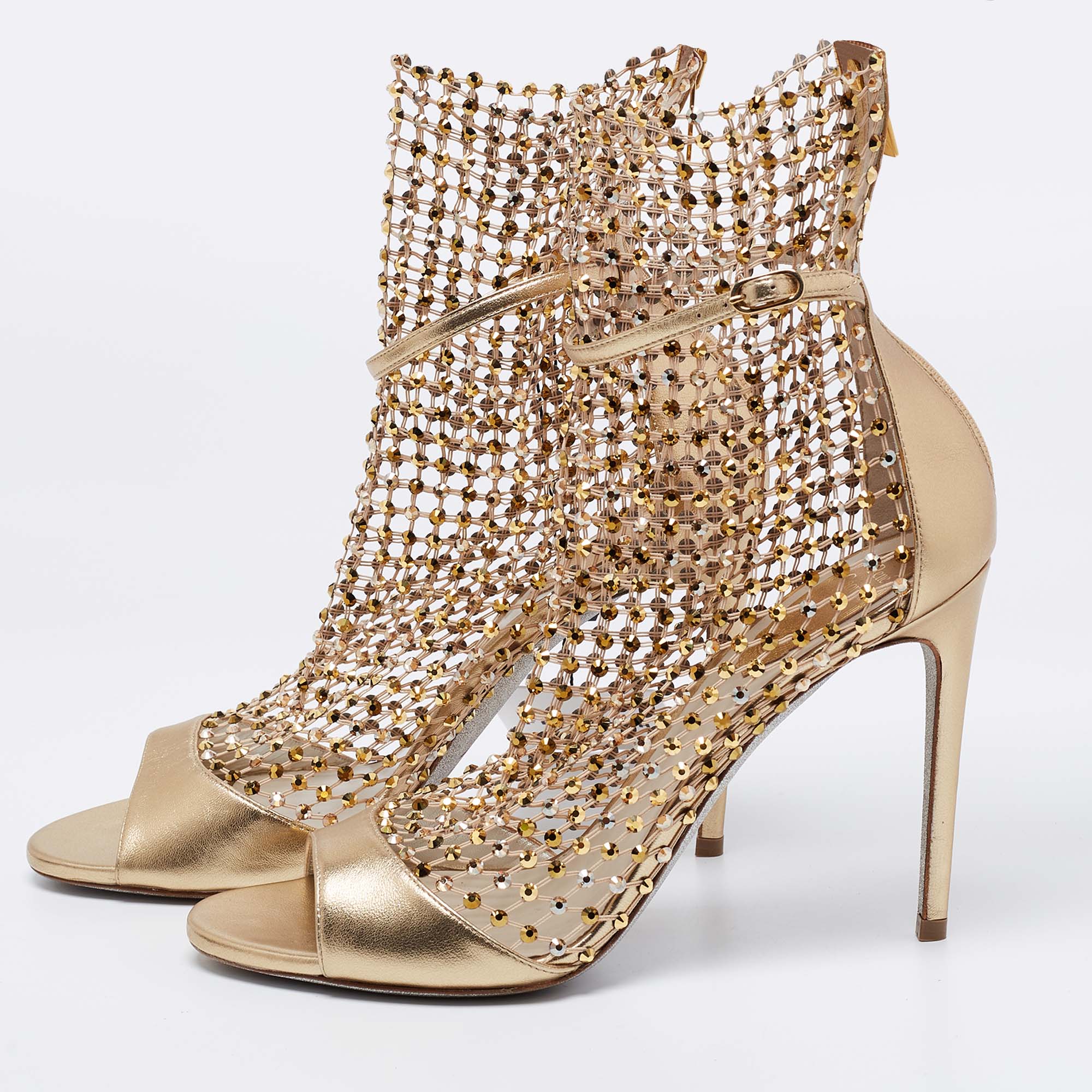 

René Caovilla Gold Leather And Elastic Crystal Embellishments Gladiator Sandals Size