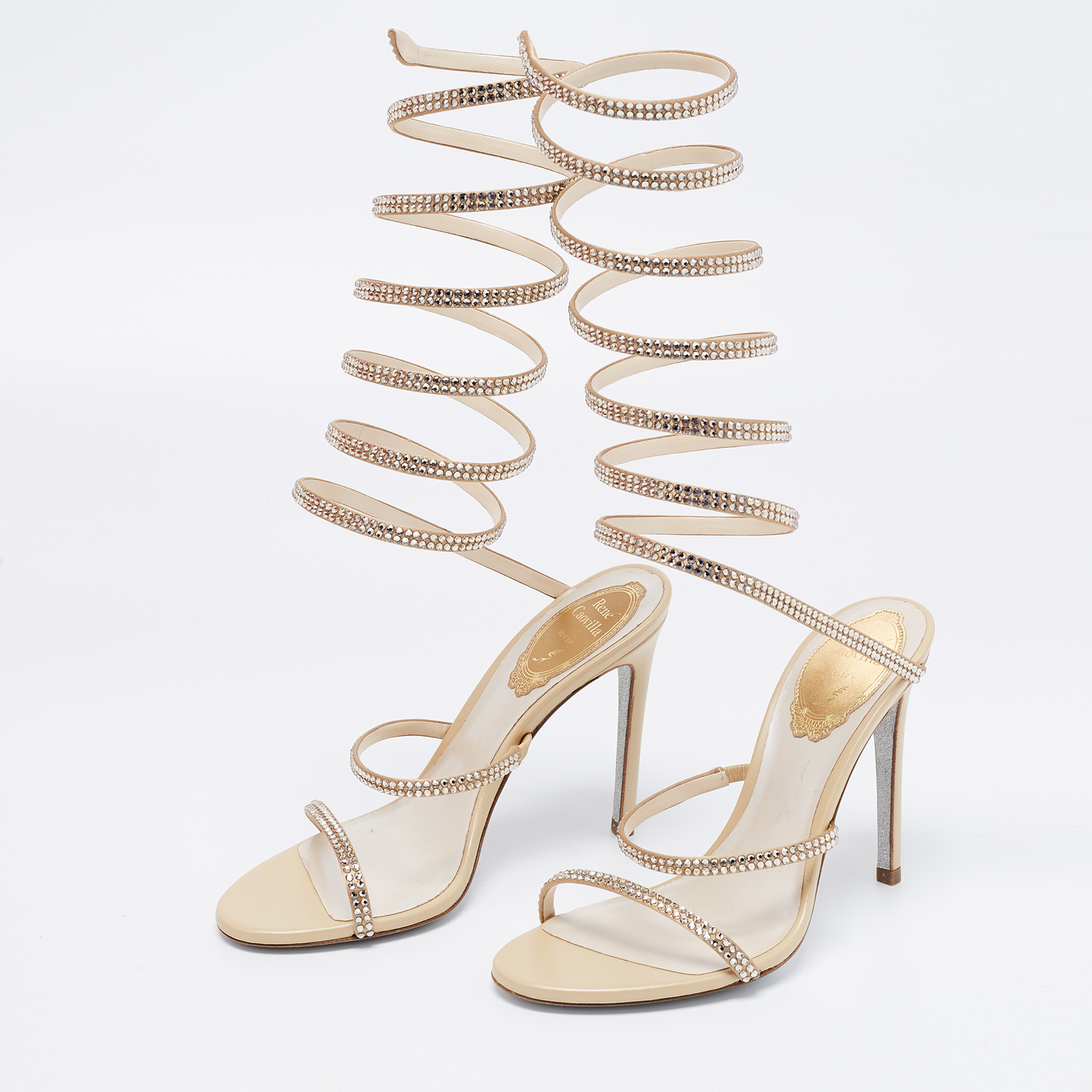 

René Caovilla Metallic Gold Leather And Satin Cleo Crystal-Embellished Sandals Size