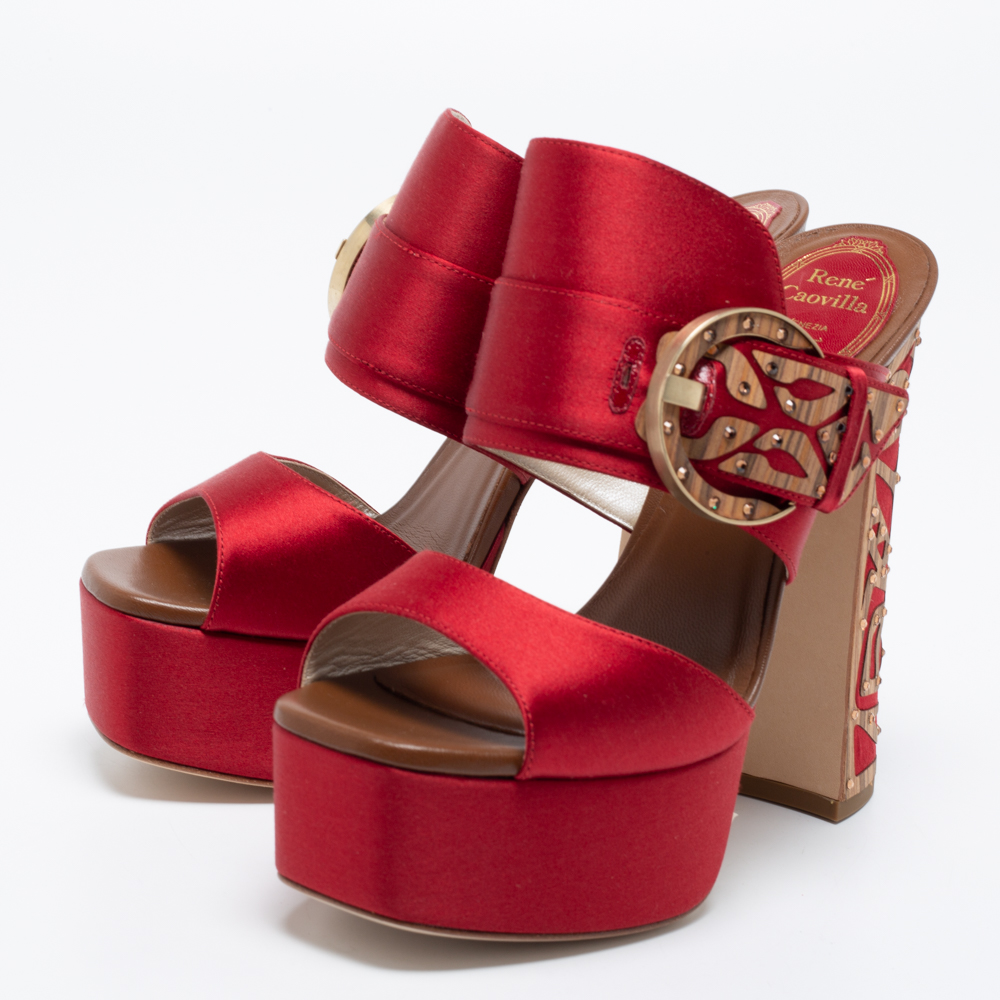 

René Caovilla Red Satin Embellished Buckle Platform Sandals Size