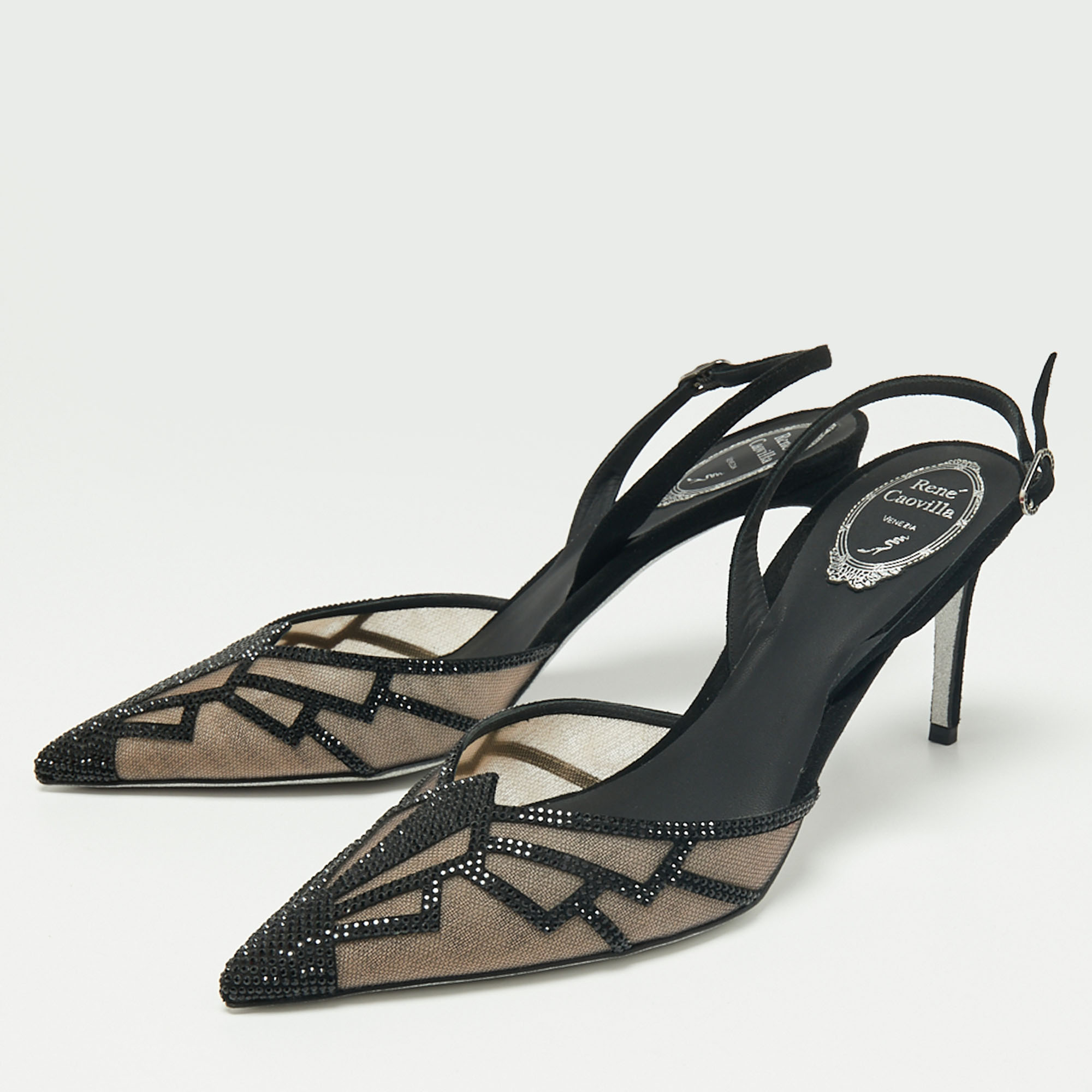 

René Caovilla Black Suede And Mesh Nadine Embellishment Slingback Sandals Size