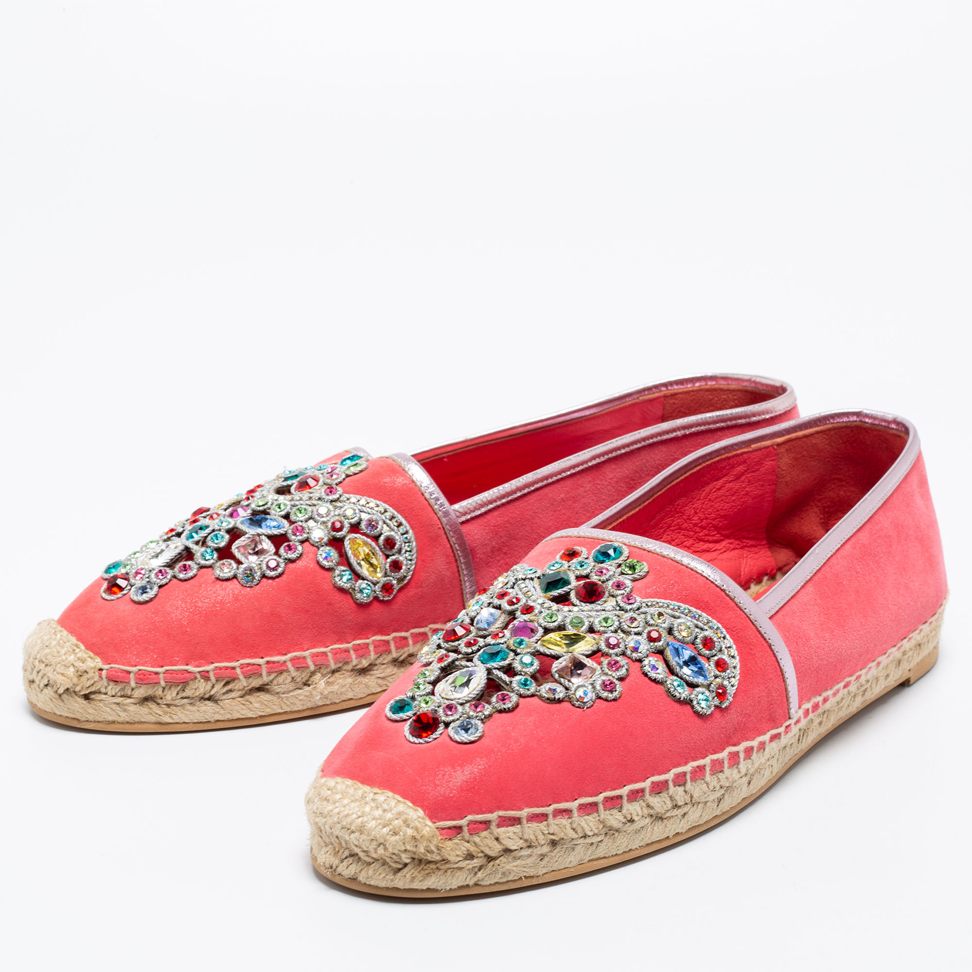 

René Caovilla Pink Suede Crystal Embellished Espadrille Flats Size