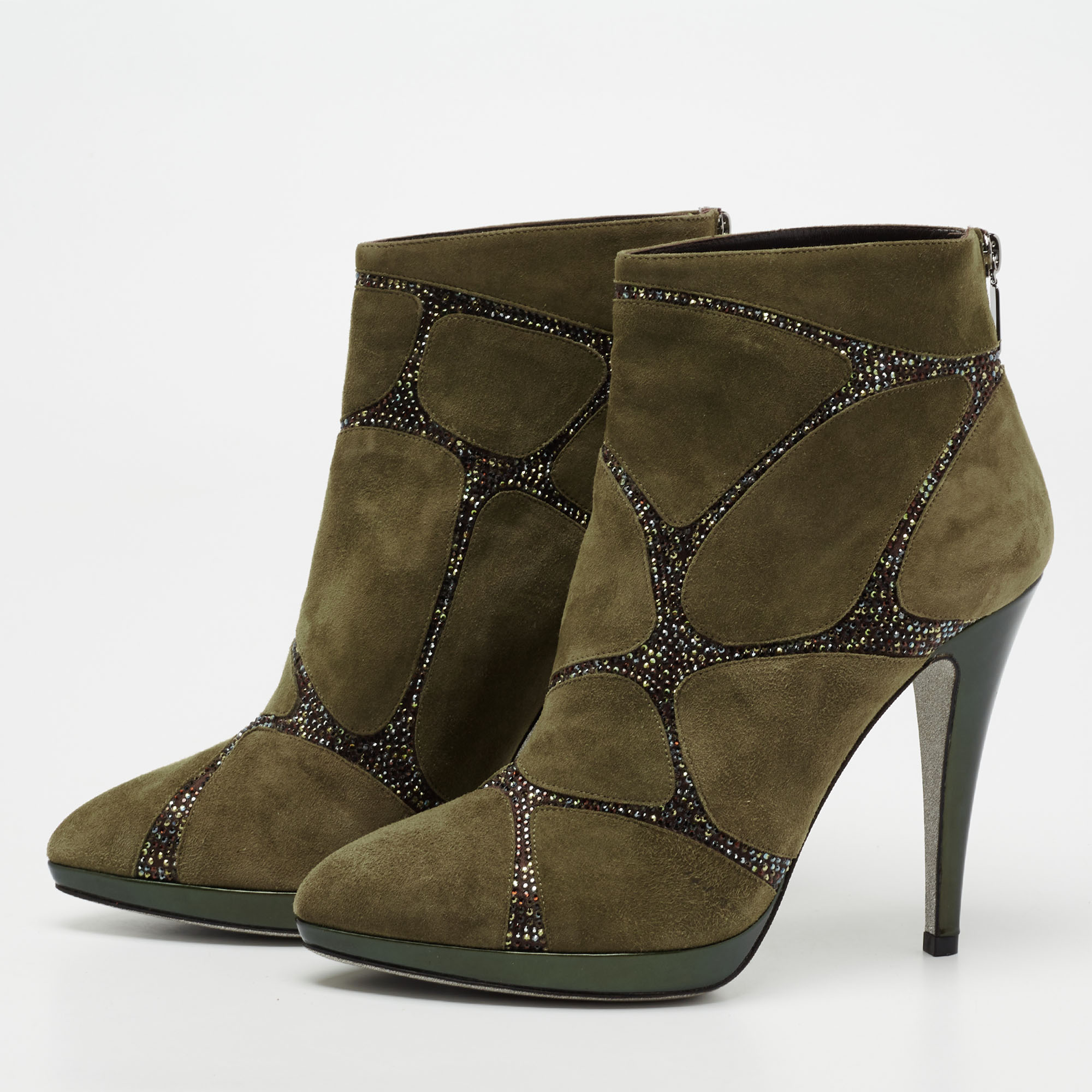 

René Caovilla Green Suede Embellished Ankle Length Boots Size