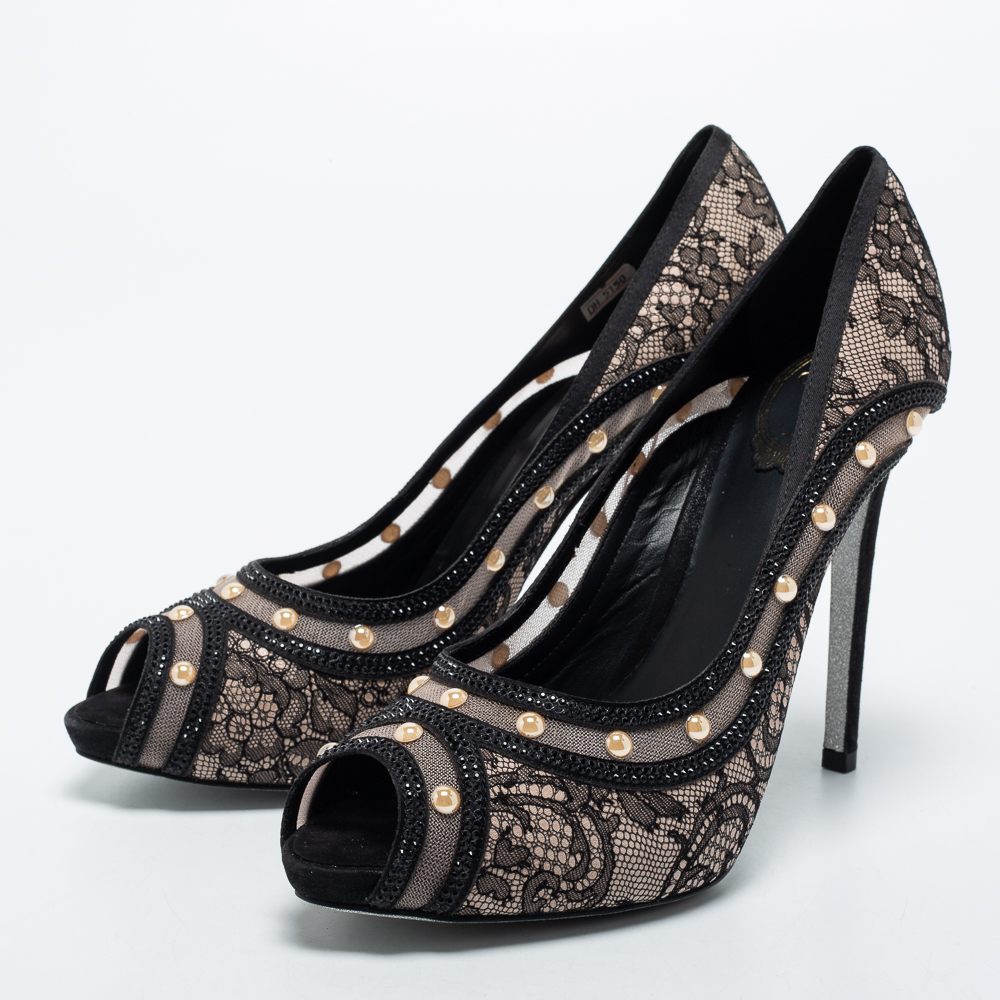 

René Caovilla Black/Beige Mesh and Lace Pearl Embellished Pumps Size