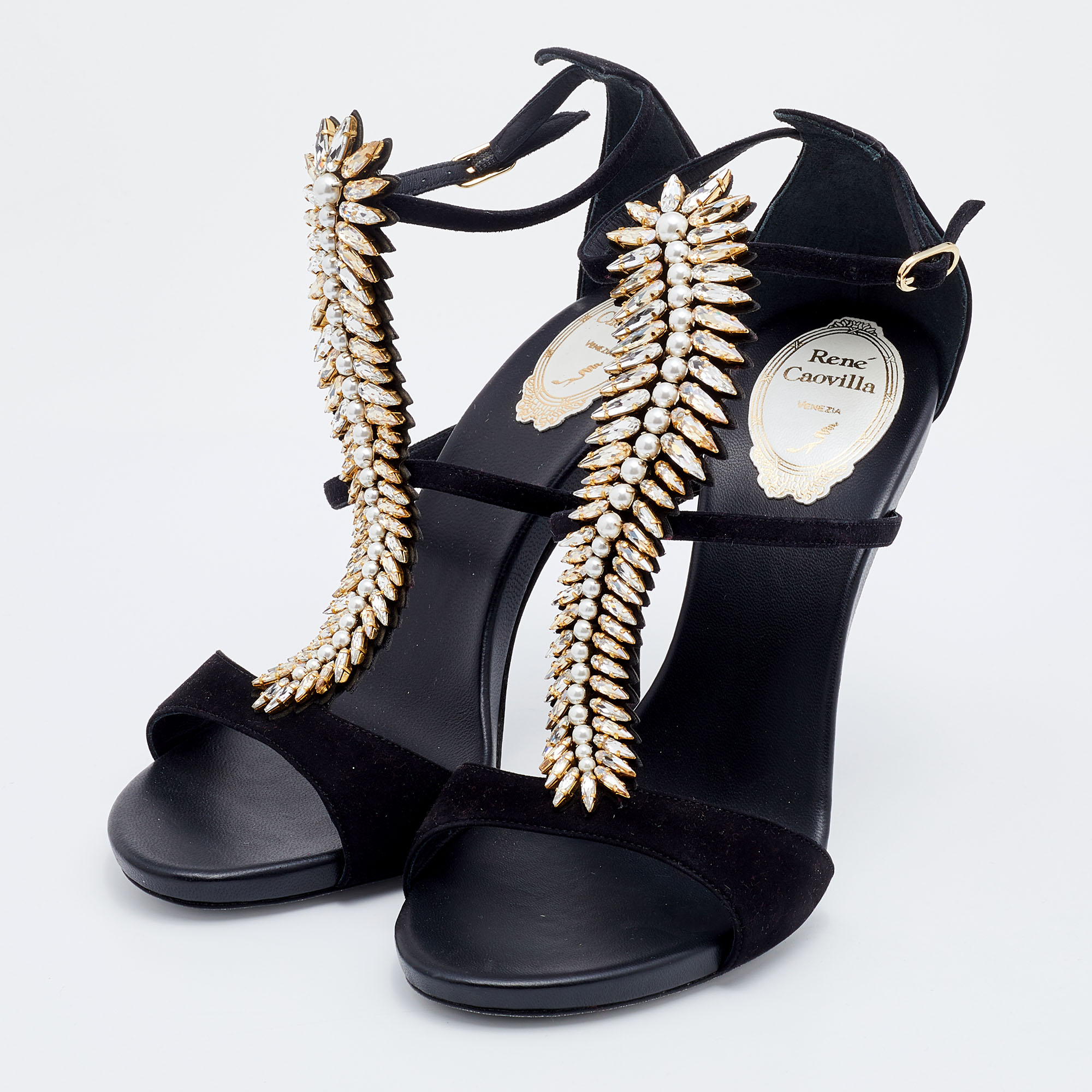 

René Caovilla Black Suede Crystal Embellished Ankle Strap Sandals Size