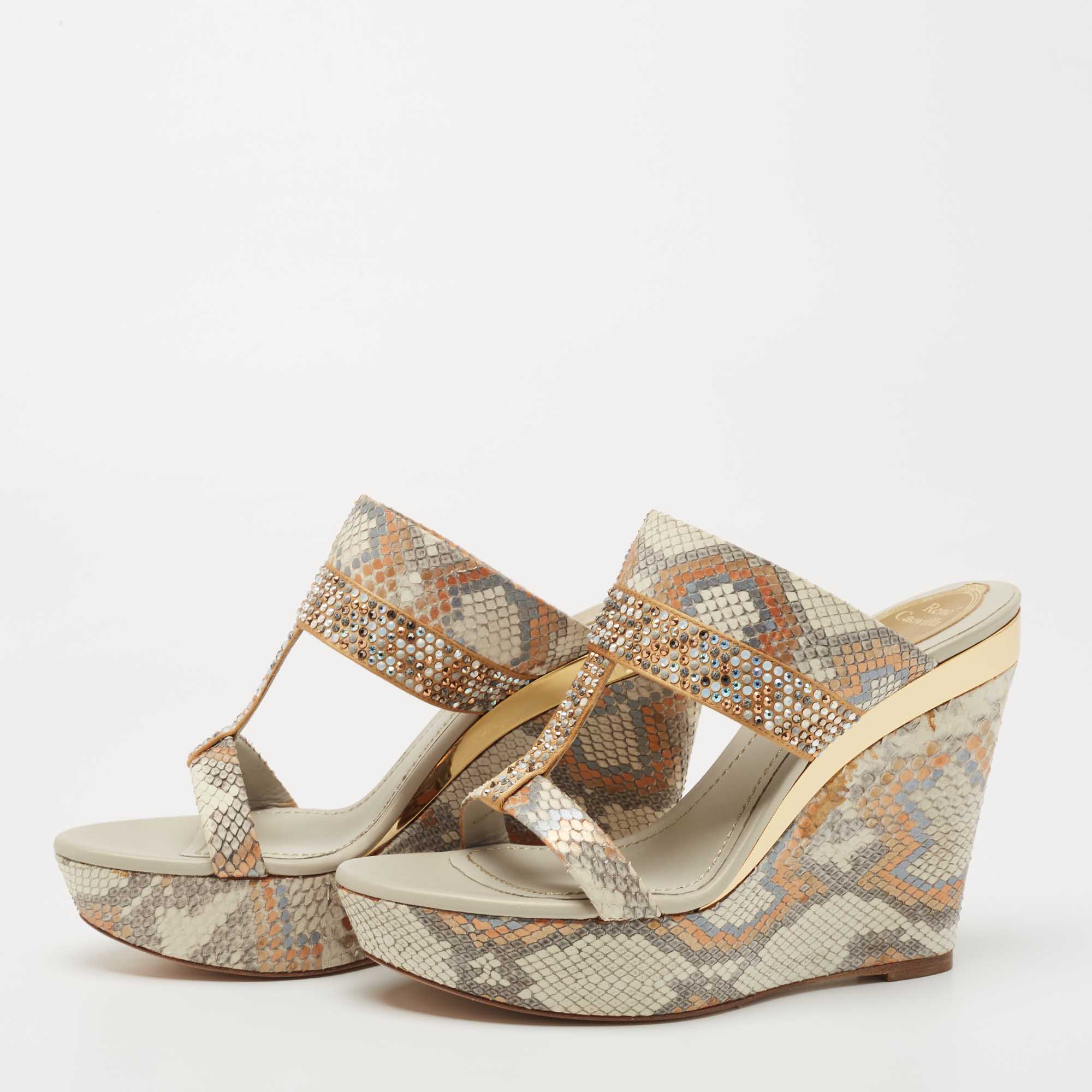 

René Caovilla Multicolor Snakeskin Embossed Leather Wedge Sandals Size