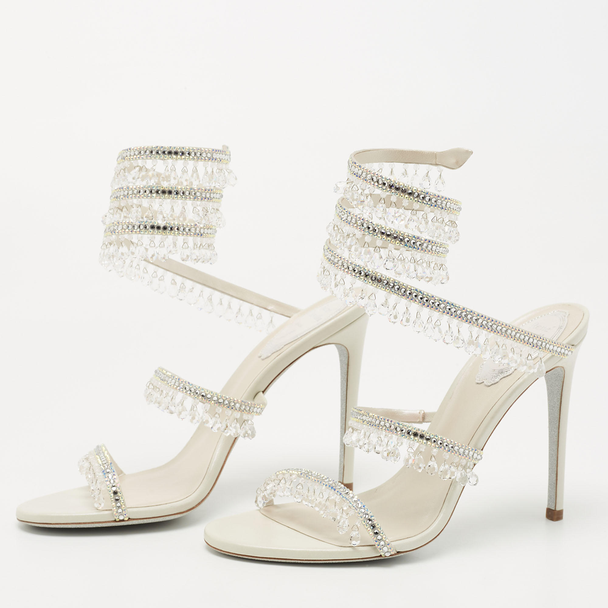 

Rene Caovilla White Leather Crystal Embellished Chandelier Ankle Wrap Sandals Size, Grey