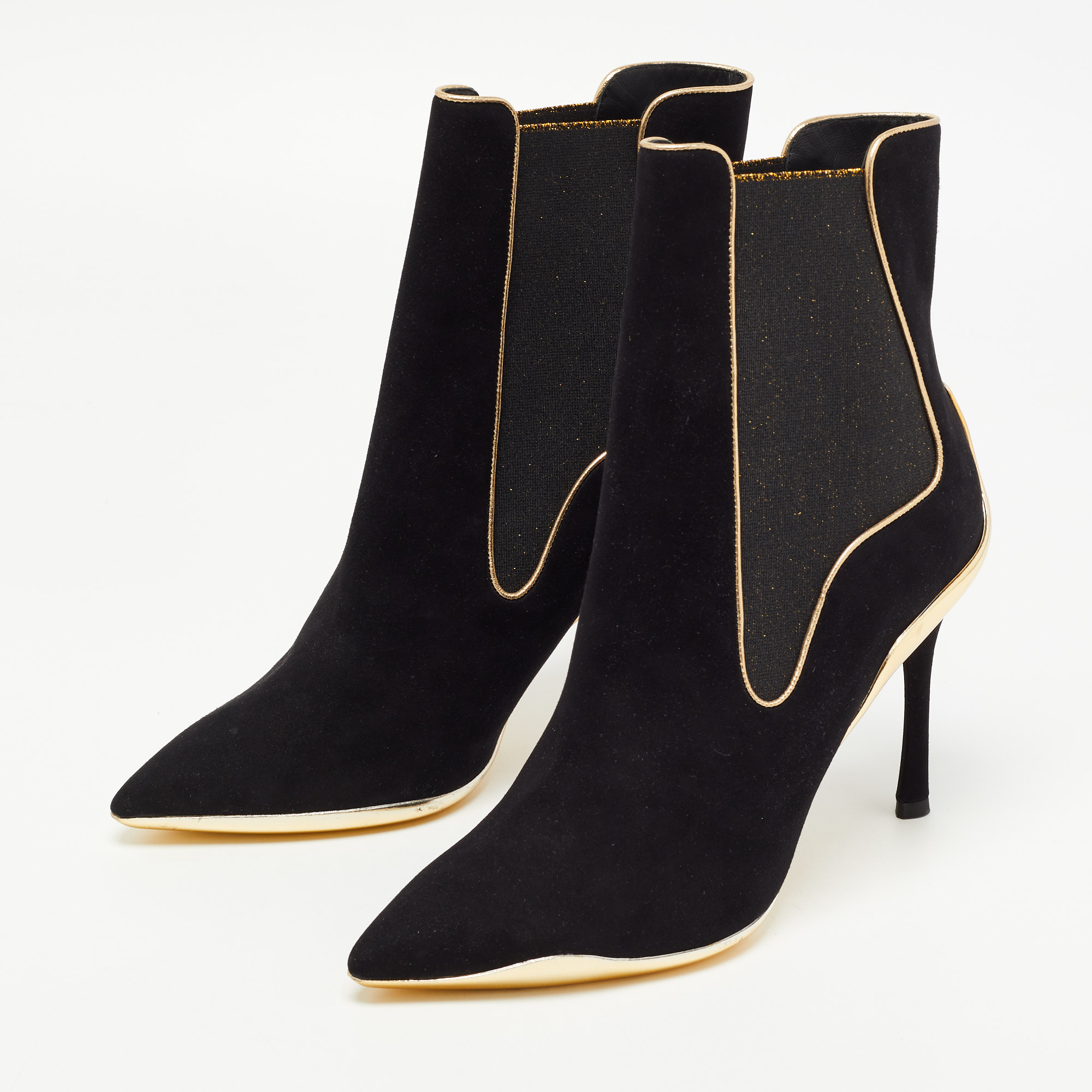 

Rene Caovilla Black/Gold Suede Pointed Toe Ankle Booties Size