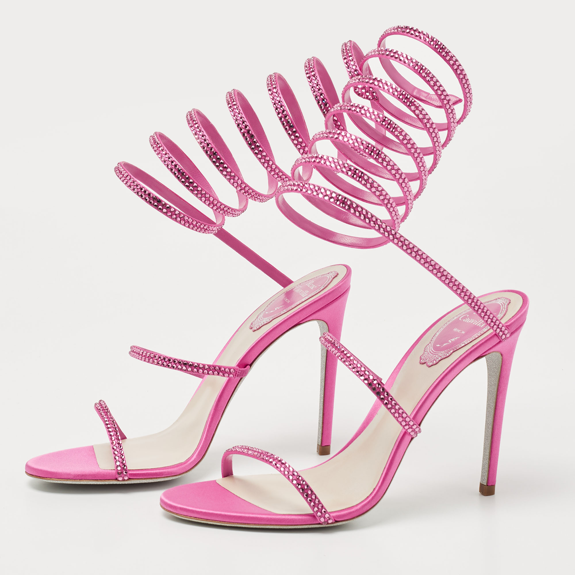 

René Caovilla Pink Satin Cleo Crystal Embellished Sandals Size