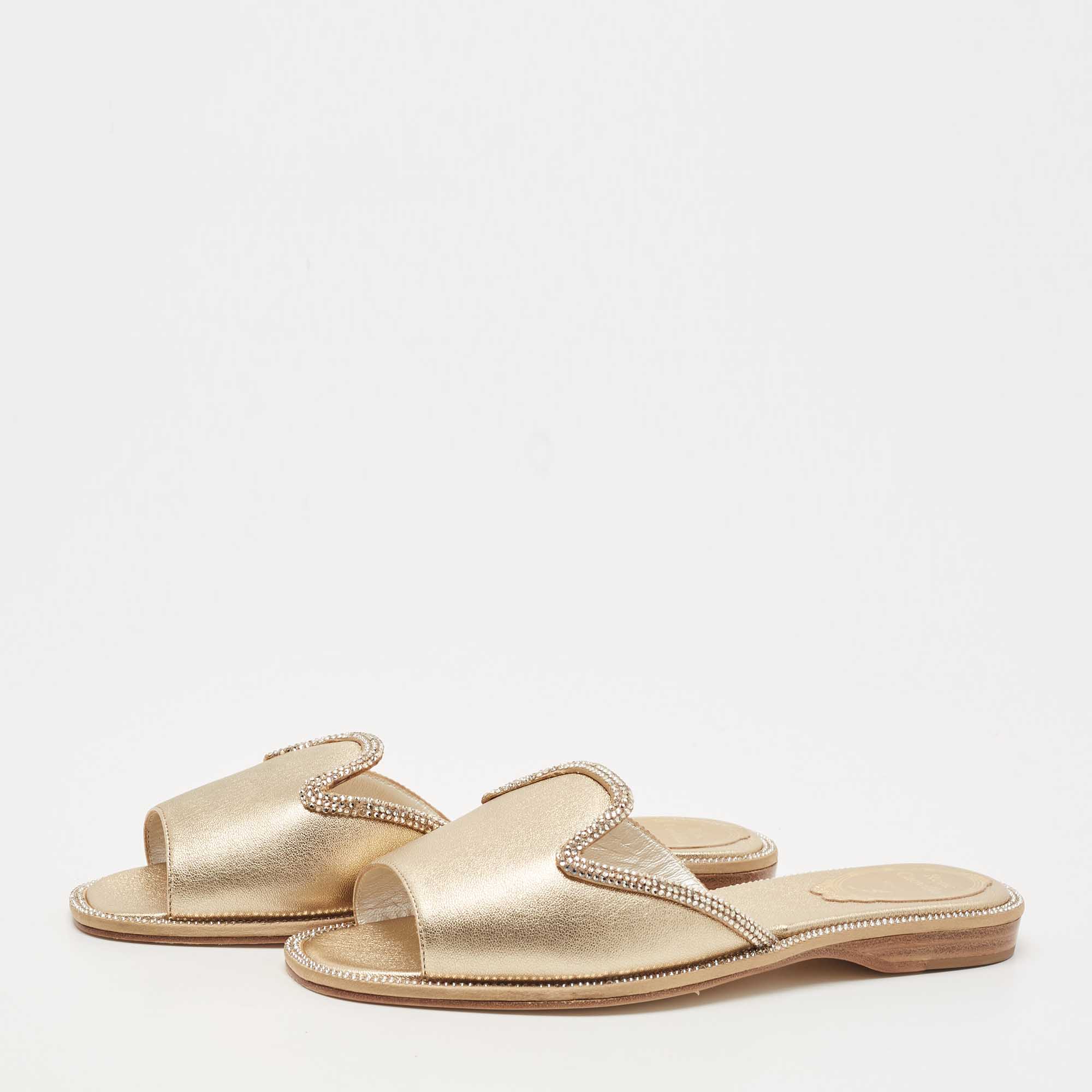 

René Caovilla Metallic Gold Leather Mules Size