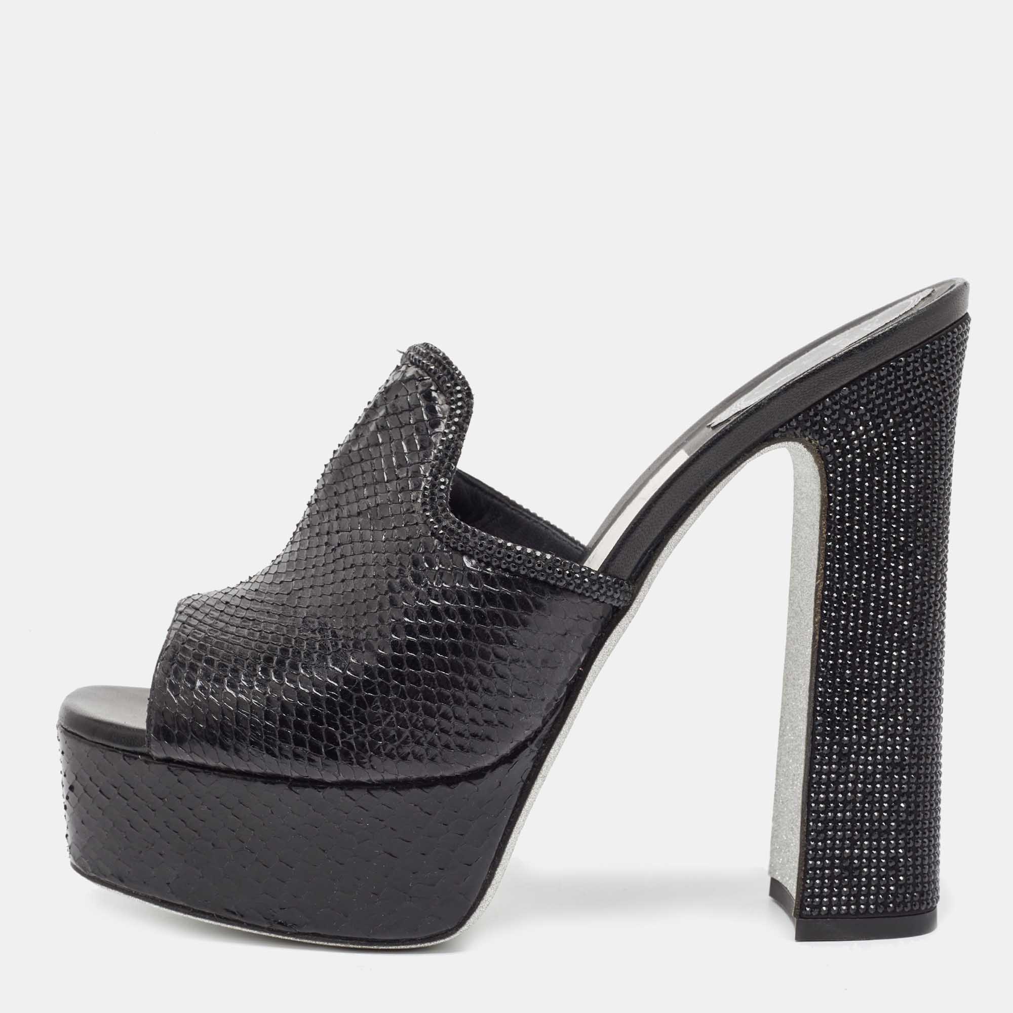 Pre-owned René Caovilla Black Python Slide Sandals Size 41