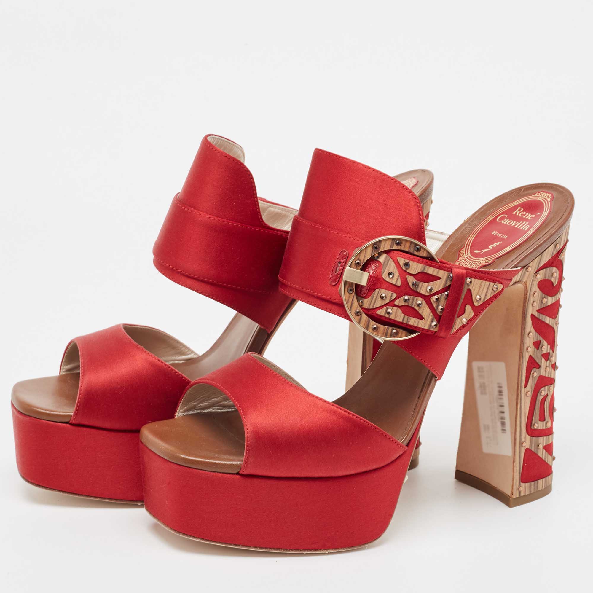 

René Caovilla Red Satin Embellished Buckle Platform Sandals Size