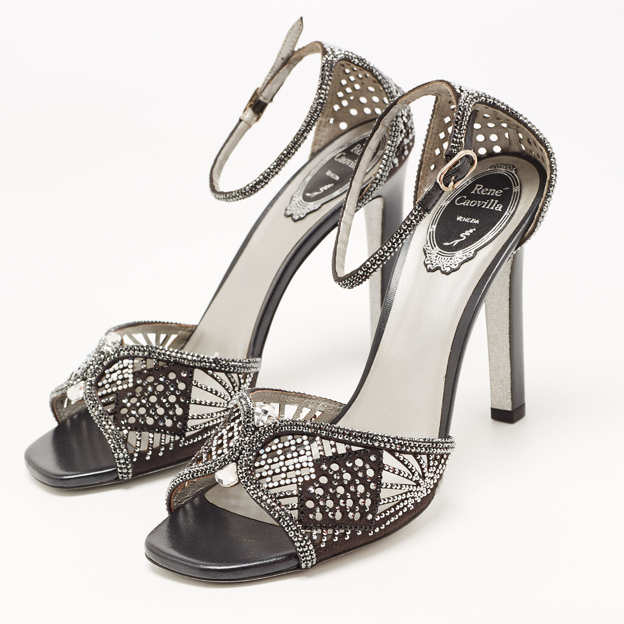 

René Caovilla Black Suede Crystal Embellished Ankle Strap Sandals Size