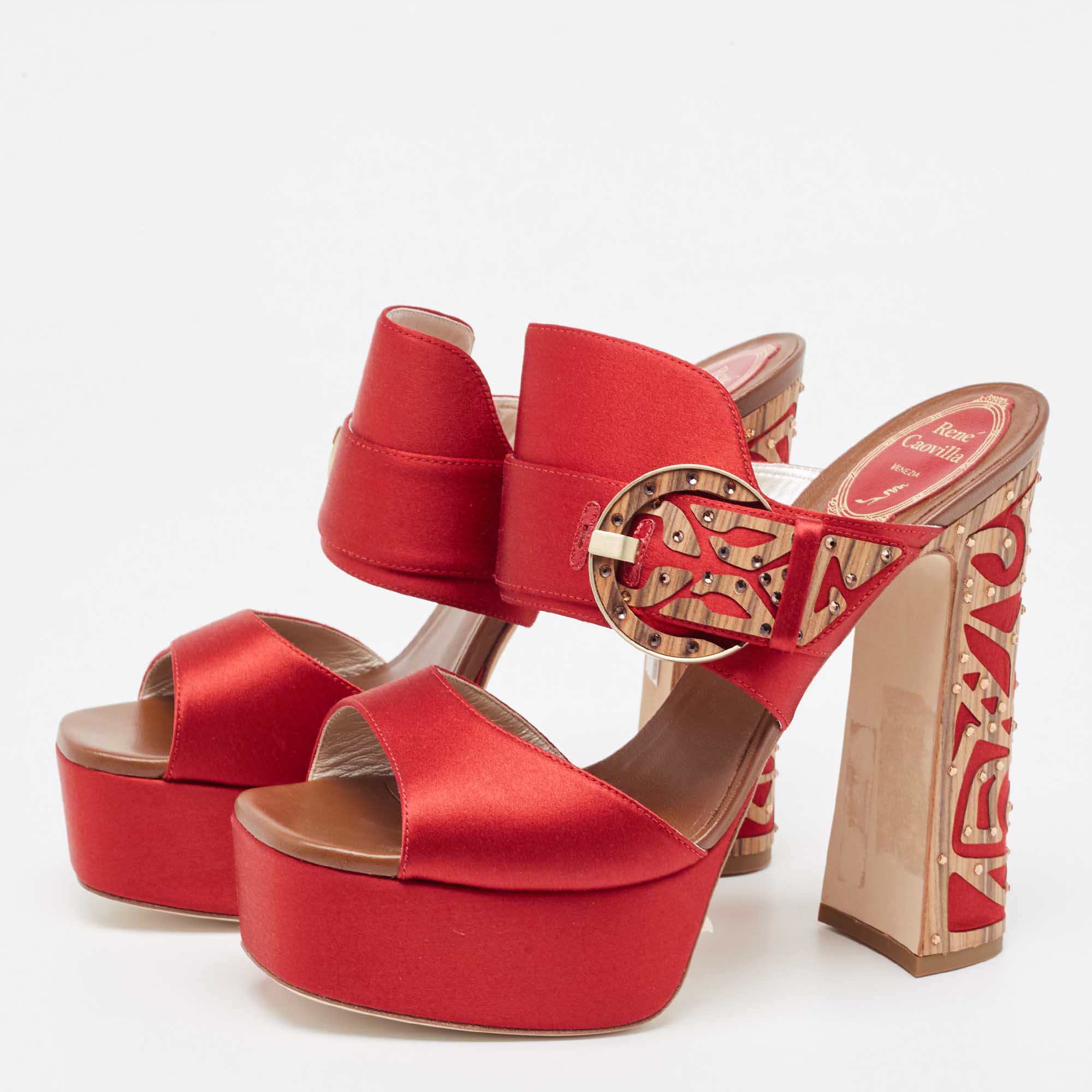 

René Caovilla Satin Buckle Detail Crystal Embellished Block Heel Platform Sandals Size, Red