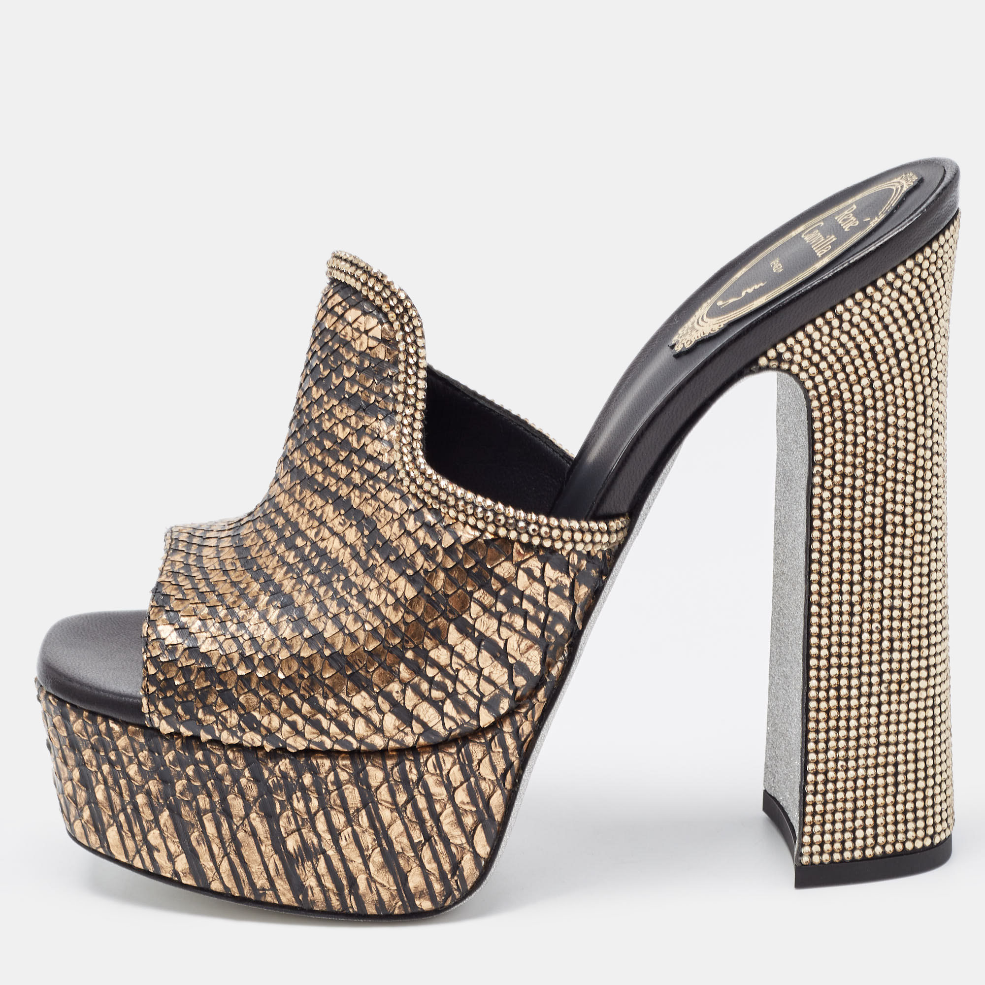 

René Caovilla Gold Python Slide Sandals Size