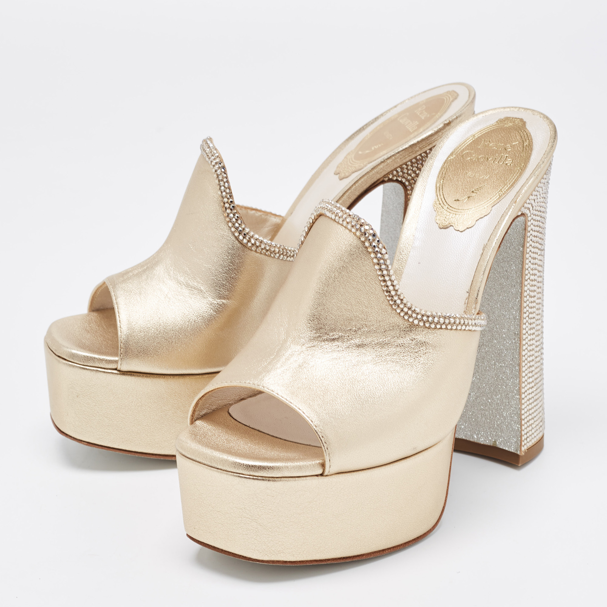 

René Caovilla Metallic Gold Leather Crystal Embellished Slide Sandals Size