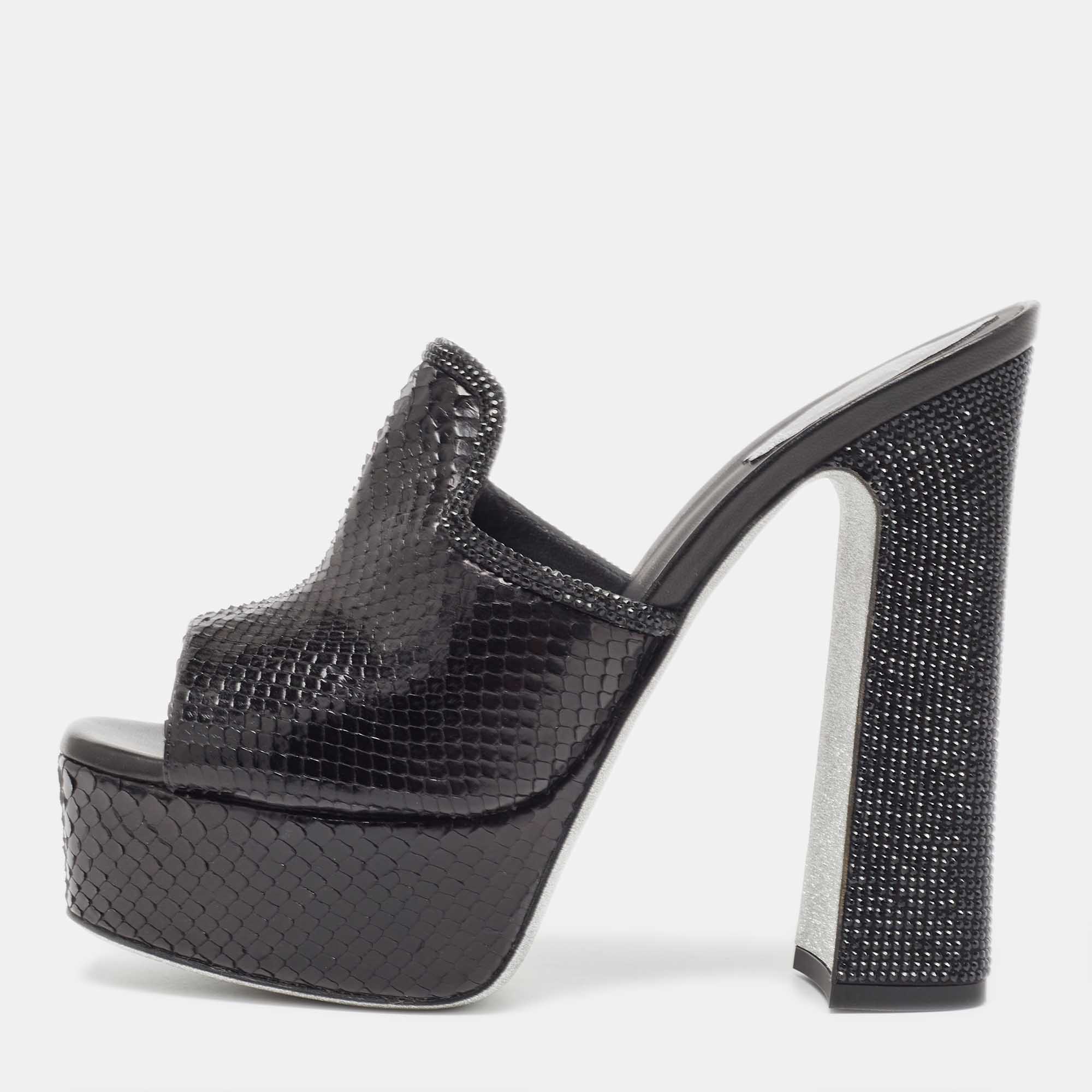 René Caovilla Black Python Slide Sandals Size 39
