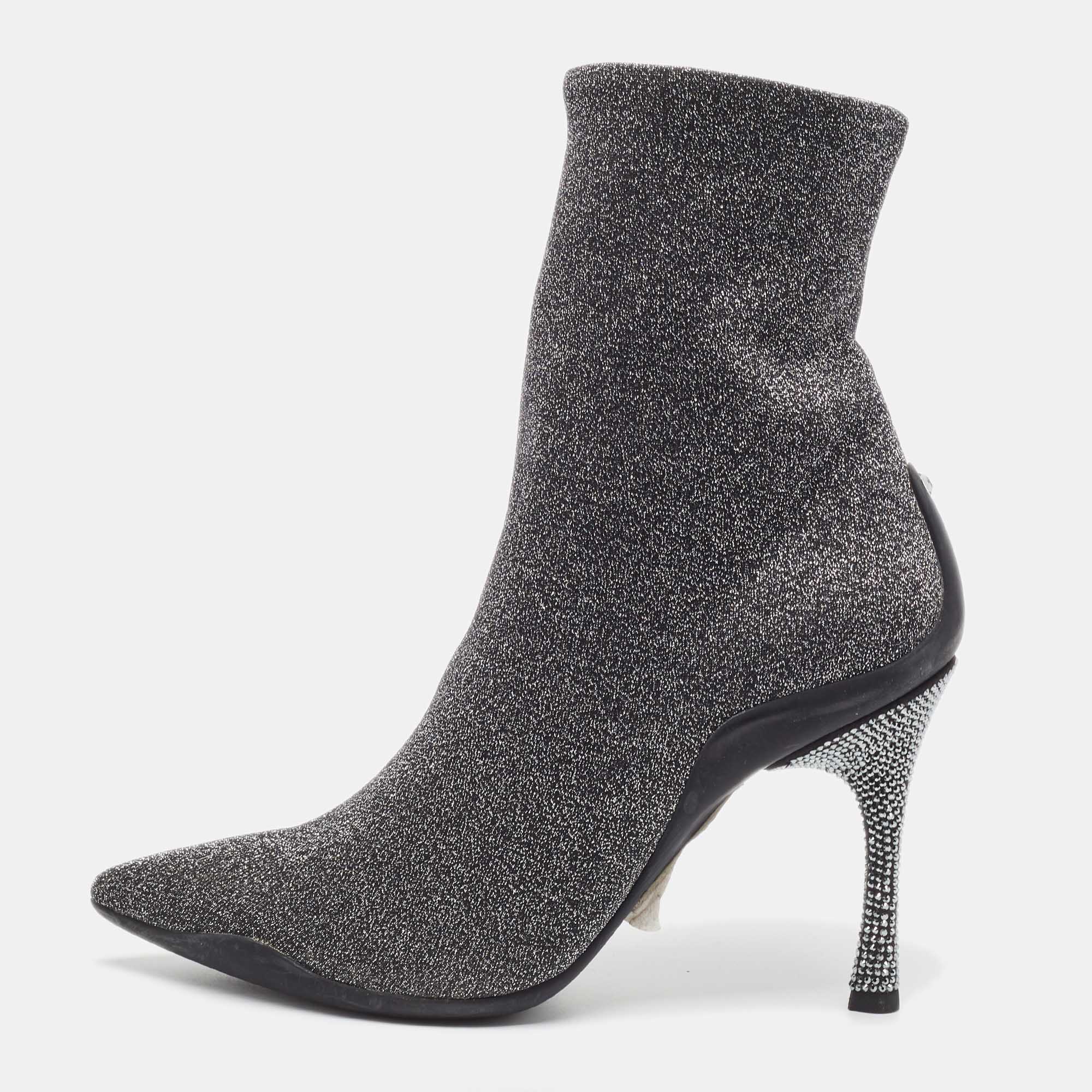 Pre-owned René Caovilla Rene Caovilla Silver Glitter Fabric Ankle Boots Size 37