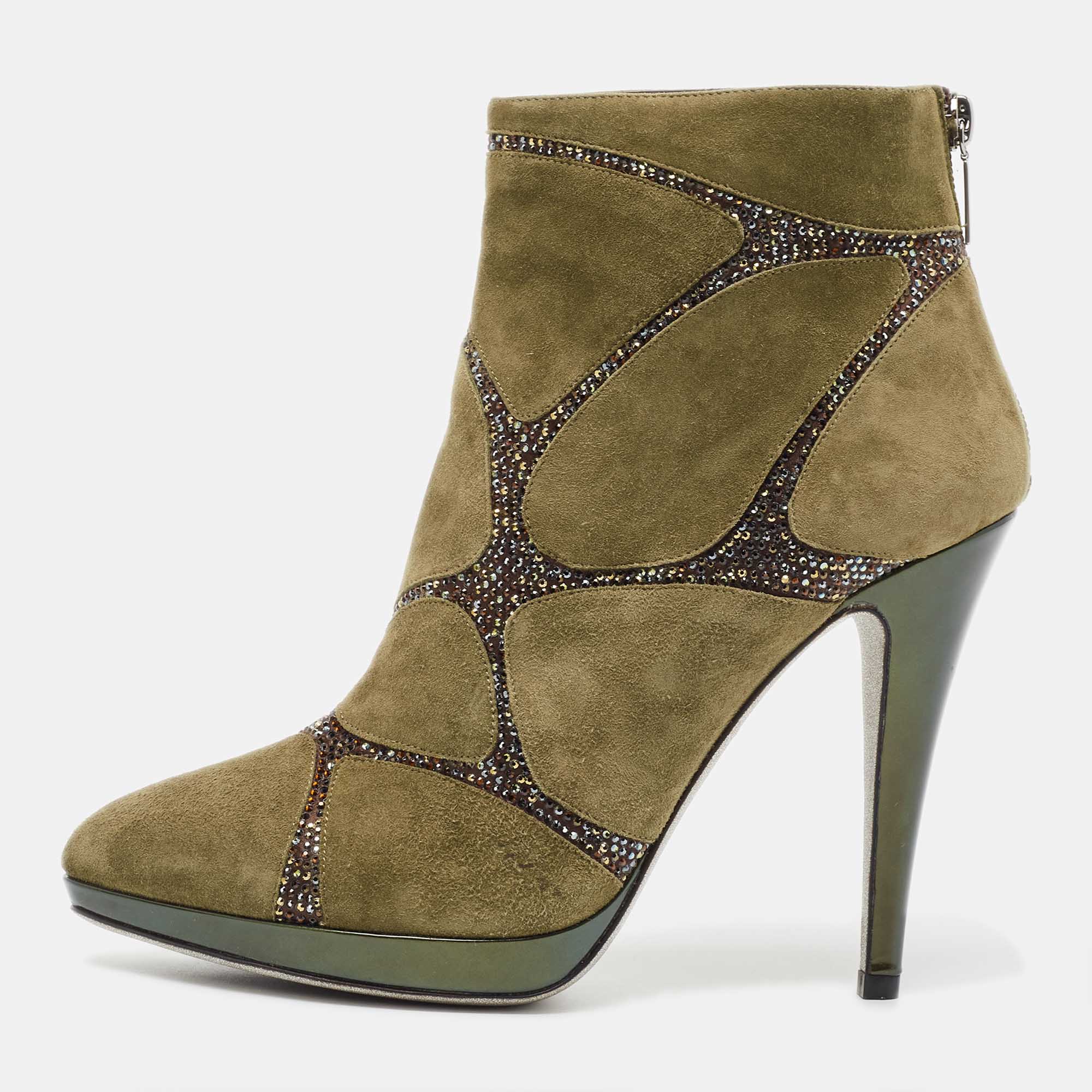 Pre-owned René Caovilla Green Suede Crystal Embellished Ankle Boots Size 39