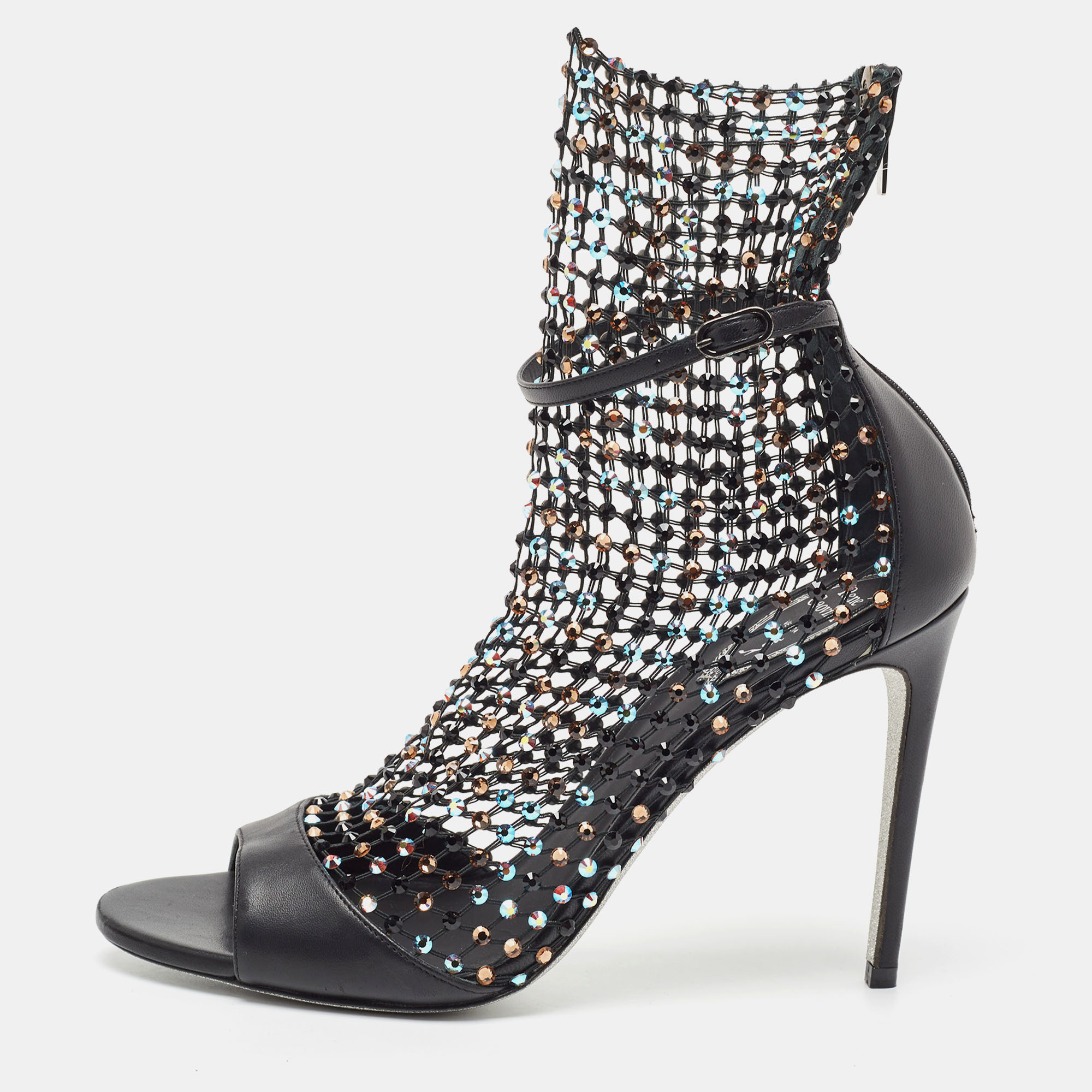

Rene Caovilla Black Leather and Crystal Embellished Mesh Galaxia Sandals Size