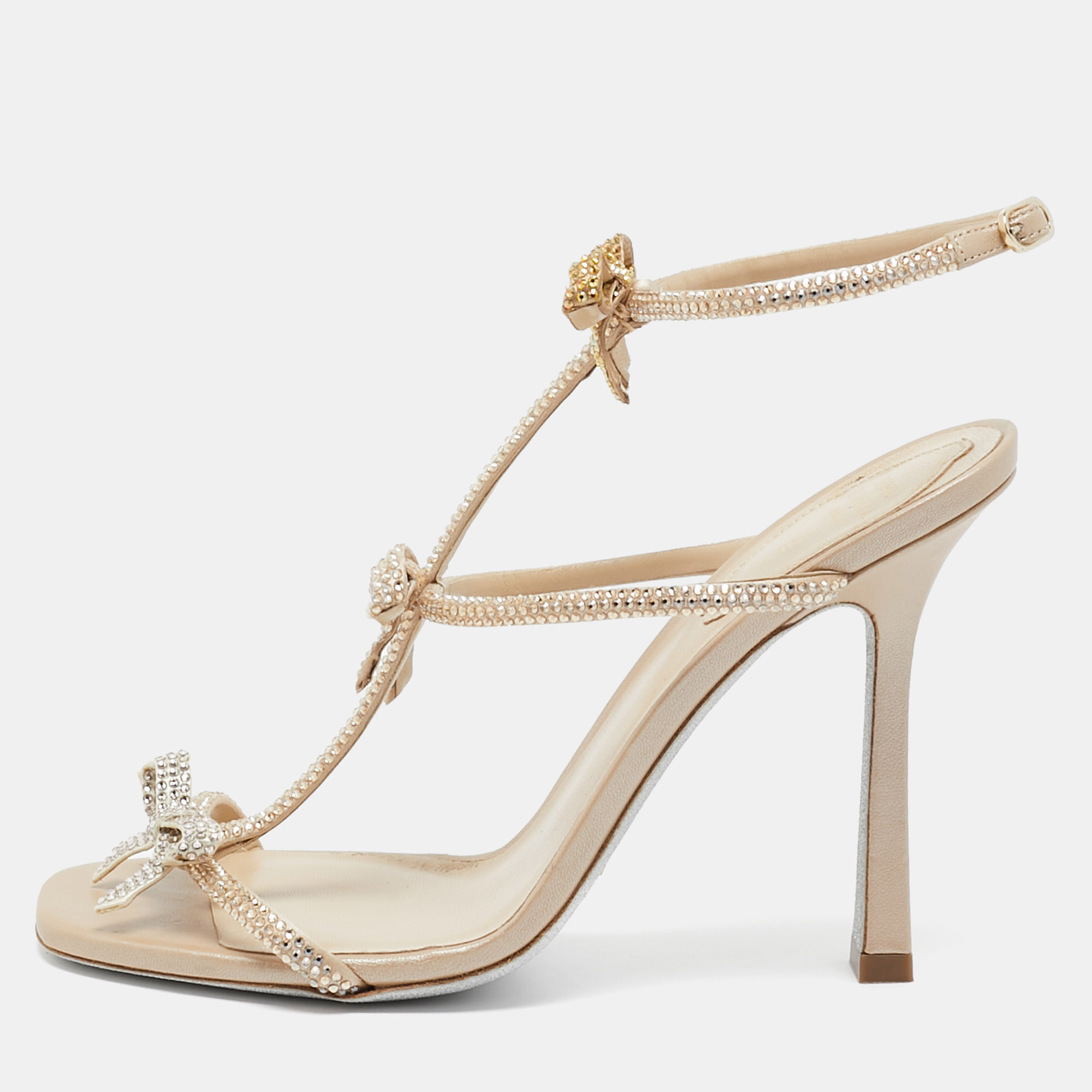 

René Caovilla Beige Satin Caterina Crystal Embellished Bow Sandals Size