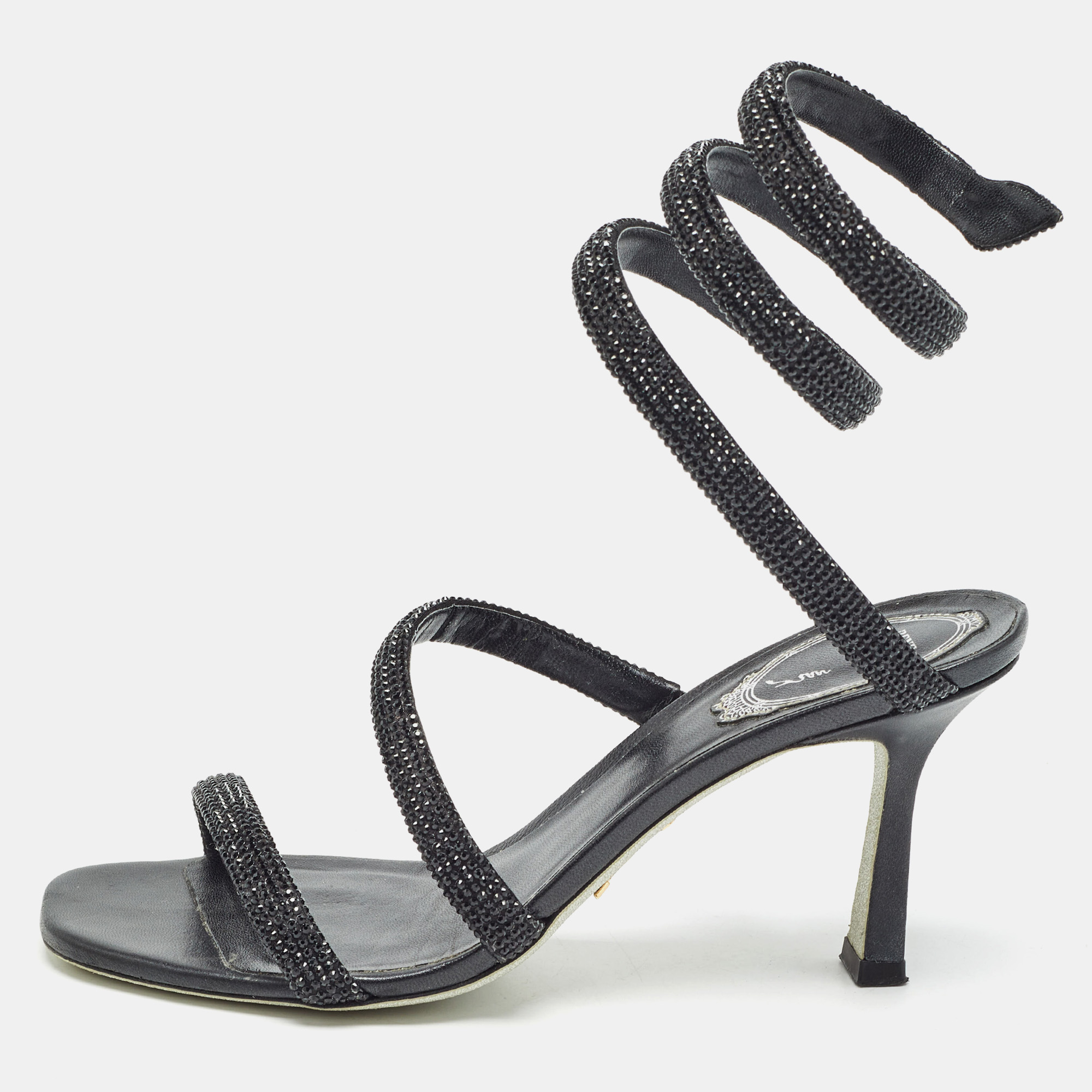 

René Caovilla Black Crystal Embellished Satin Cleo Ankle Wrap Sandals Size