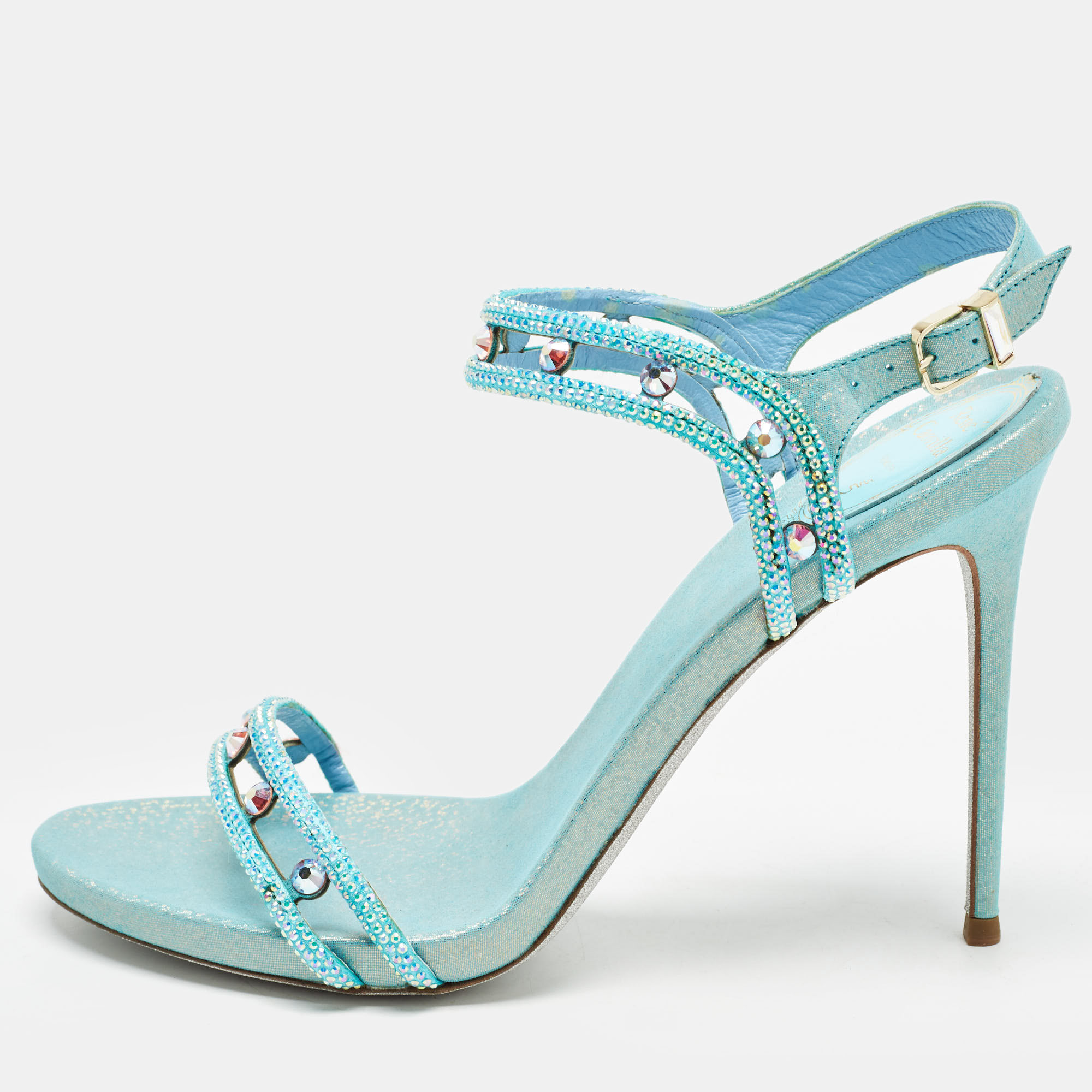 

René Caovilla Metallic Blue Leather and Crystal Embellished Ankle Strap Sandals Size