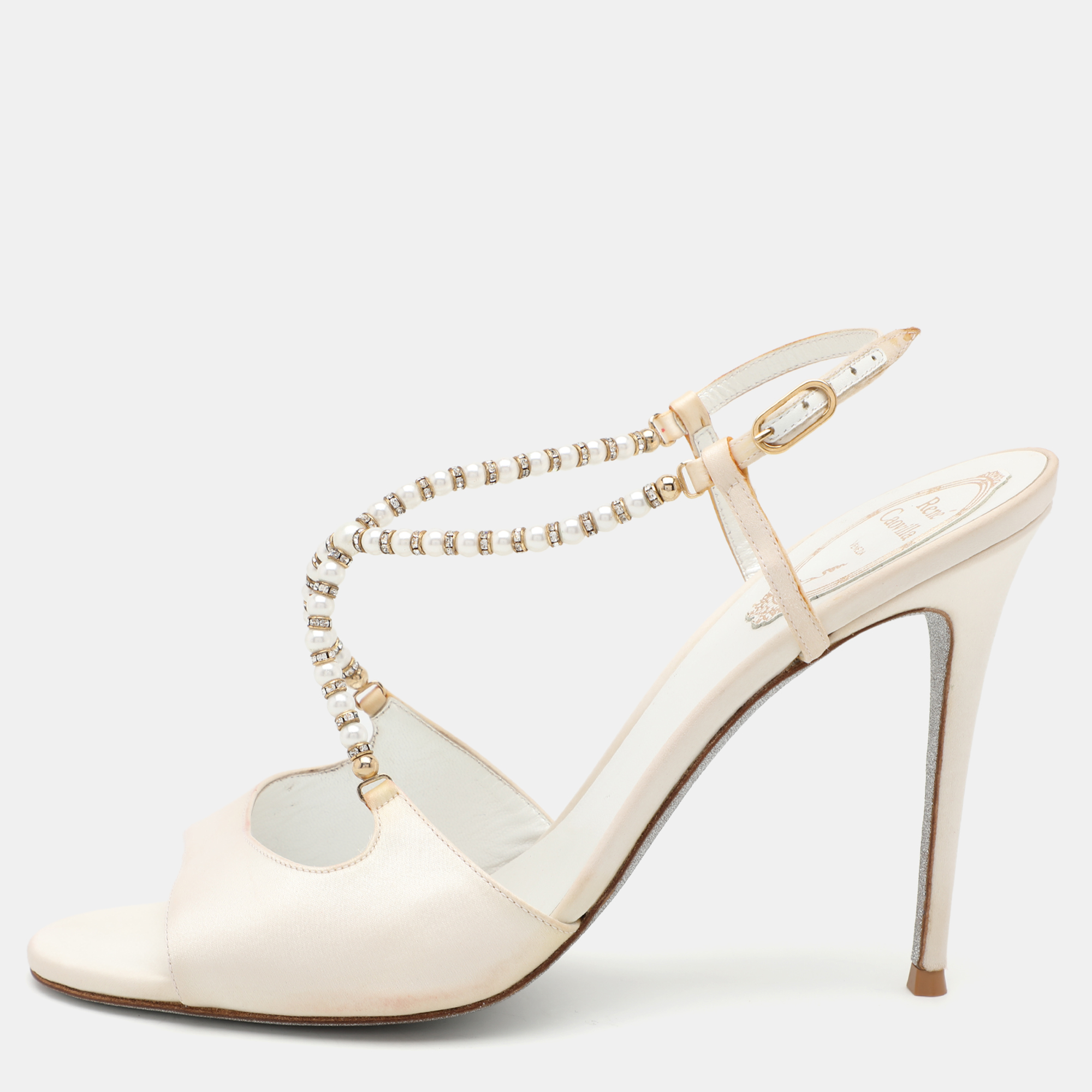 

René Caovilla White Satin Embellished Slingback Sandals Size