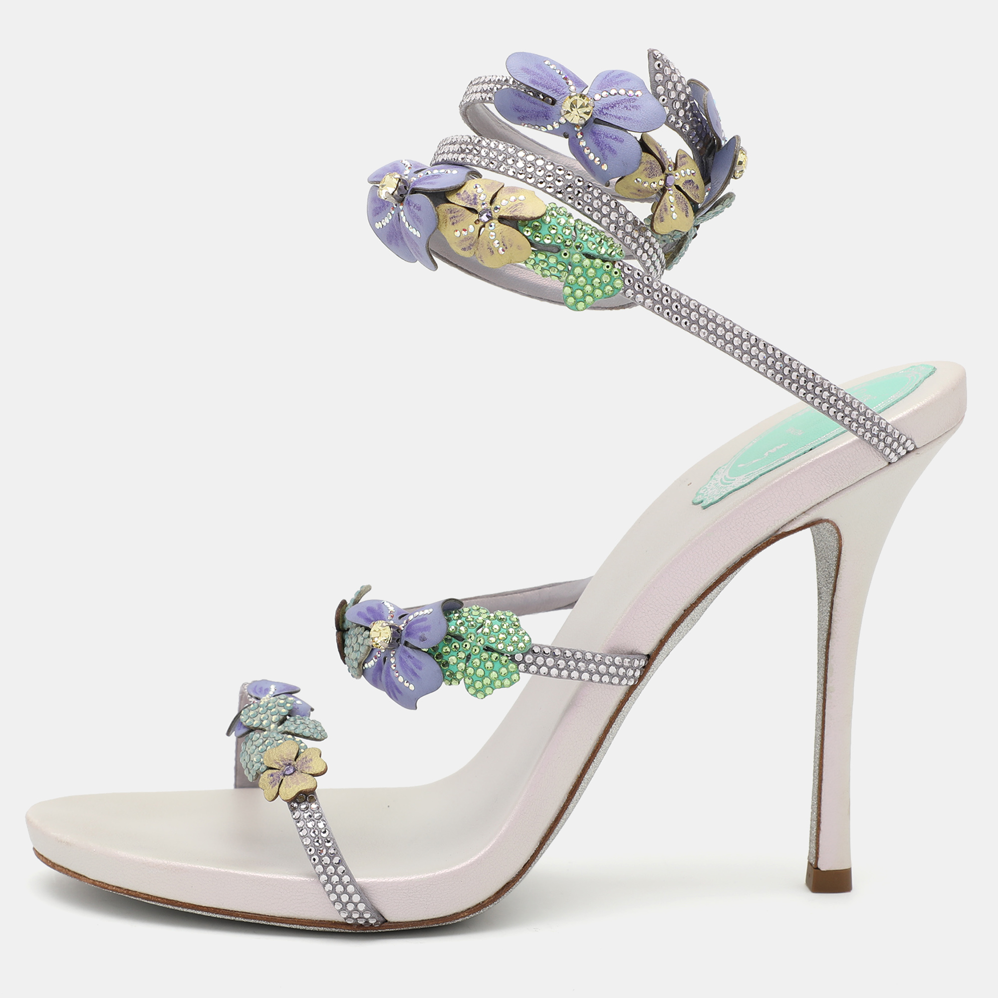 

René Caovilla Multicolor Embellished Satin Ankle Cuff Sandals Size